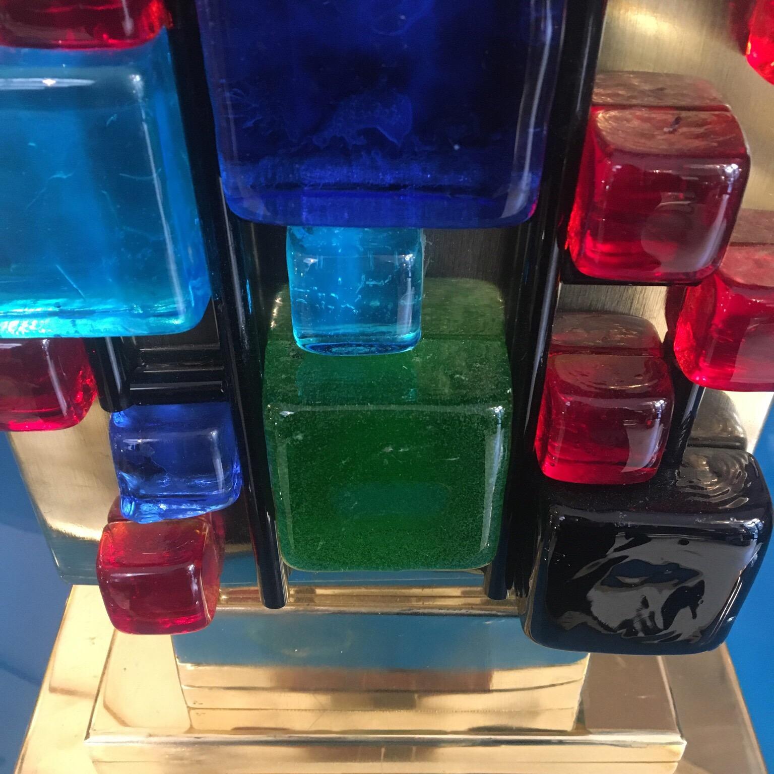 Paire de lampes de bureau en laiton avec cubes en verre de Murano multicolores, années 1980 3