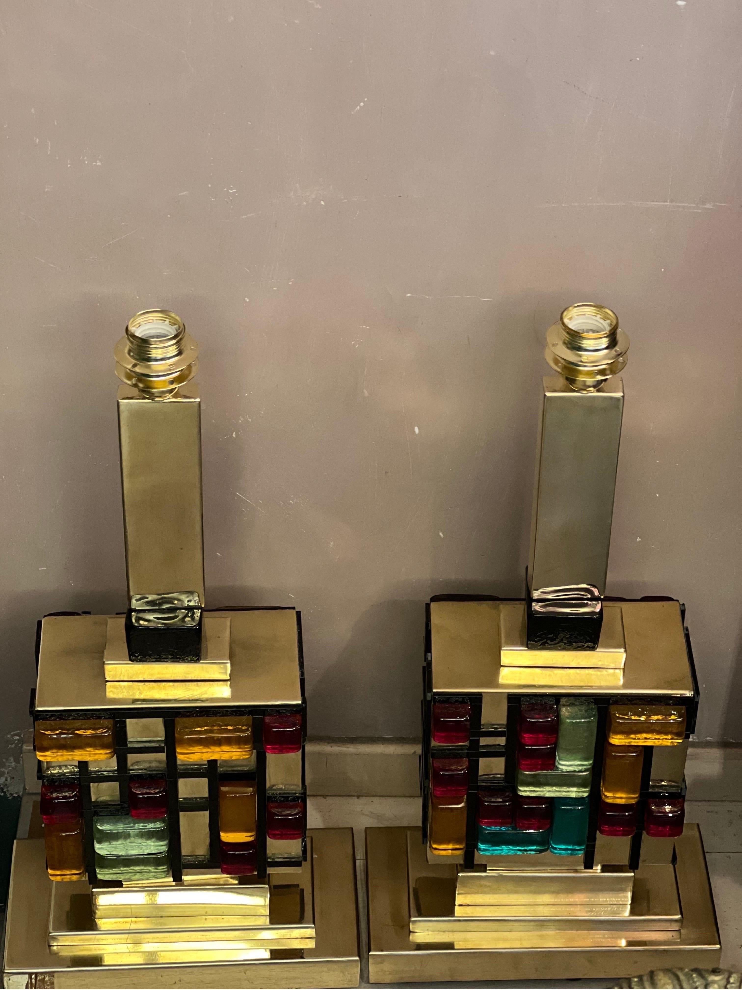 Pair of Brass Table Lamps with Multicolored Murano Glass Cubes, 1980s 4