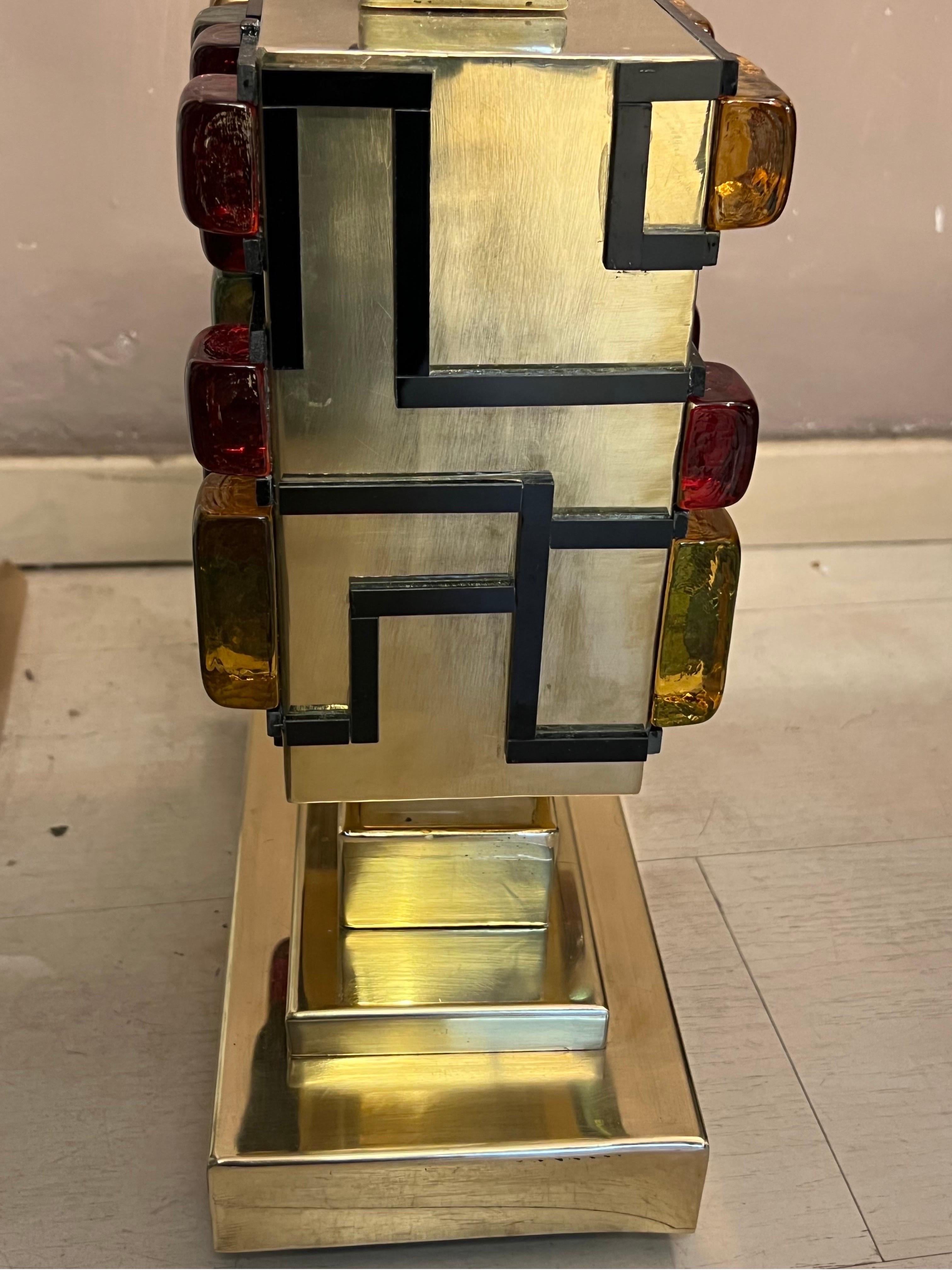 Pair of Brass Table Lamps with Multicolored Murano Glass Cubes, 1980s 3