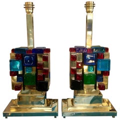 Paire de lampes de bureau en laiton avec cubes en verre de Murano multicolores, années 1980