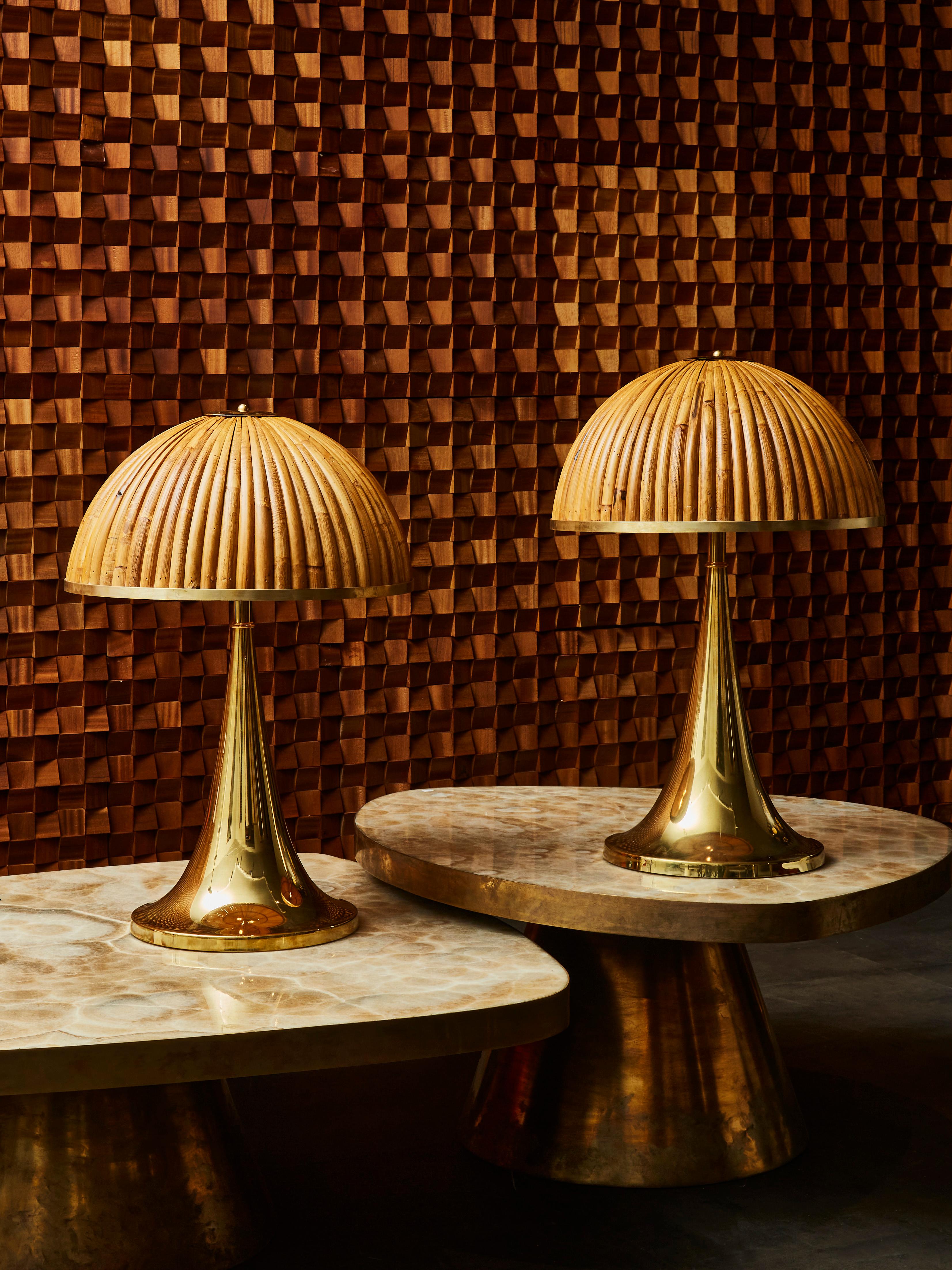 Mid-Century Modern Pair of Brass Table Lamps with Wooden Shades