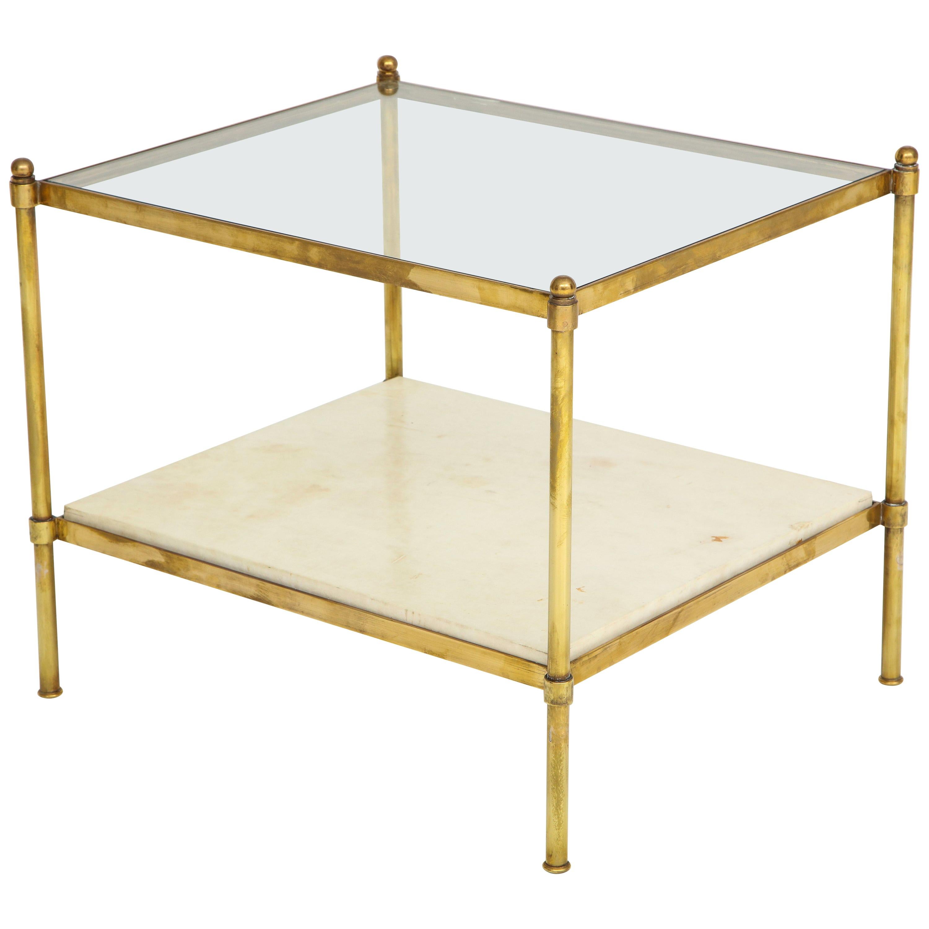 Pair of Brass Tables with Parchment Bases and Glass Tops