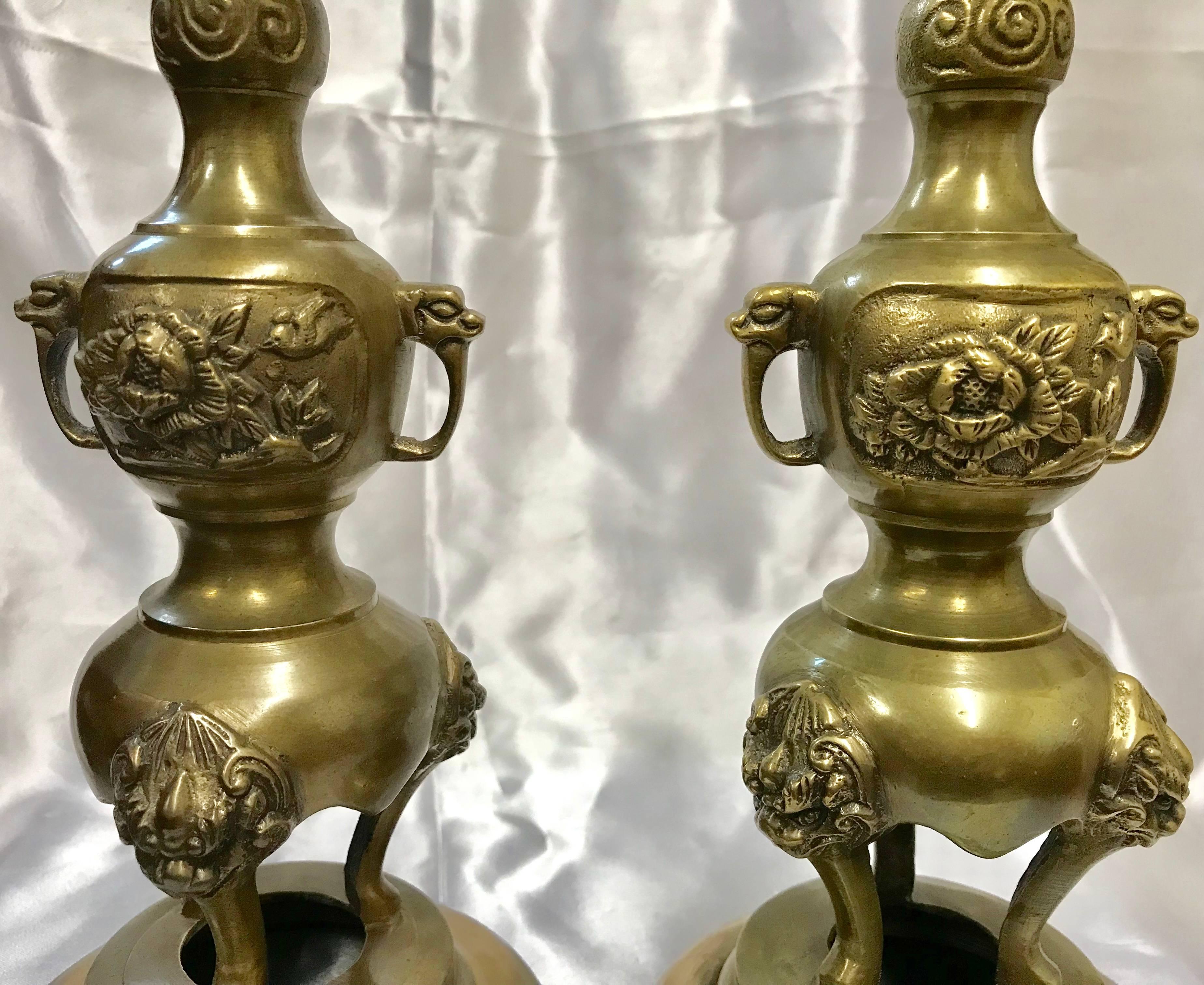 Chinese Chippendale Pair of Brass Taper Candlesticks with Flowers and Griffins For Sale