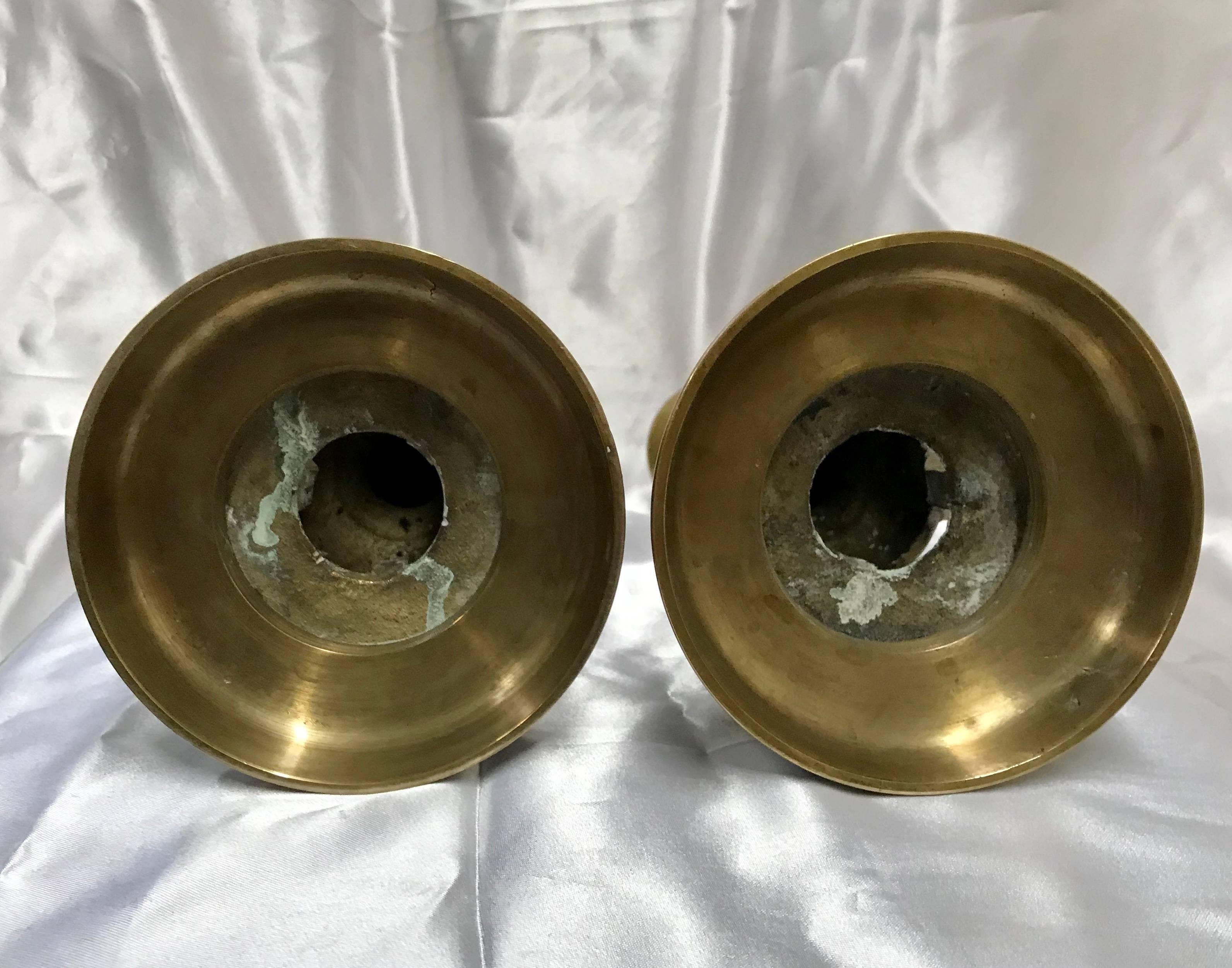 Pair of Brass Taper Candlesticks with Flowers and Griffins In Fair Condition For Sale In Cookeville, TN
