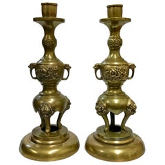 Vintage Pair of Brass Taper Candlesticks with Flowers and Griffins