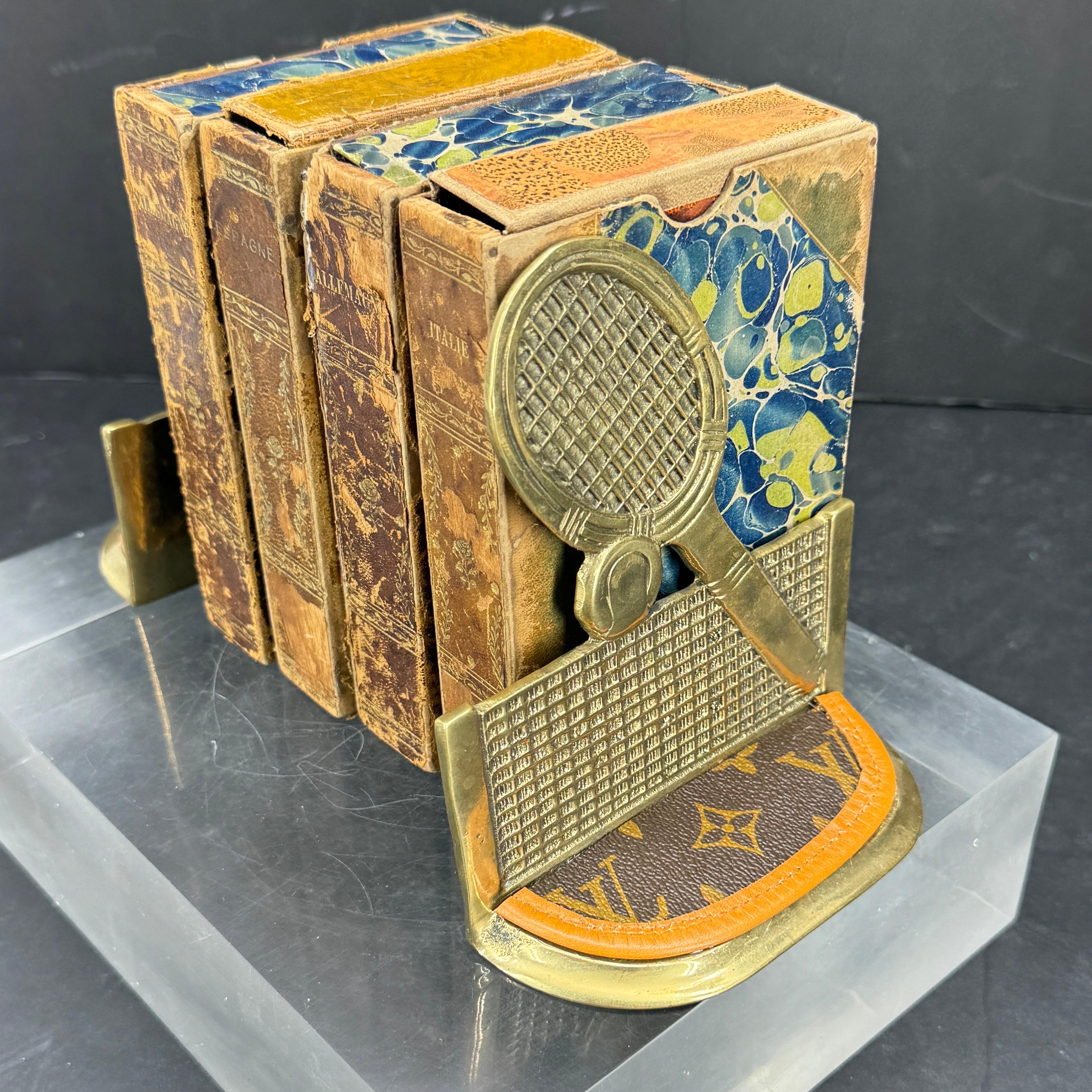 Mid-Century Modern Pair of Brass Tennis Rackets Bookends with Louis Vuitton Monogram Fabric For Sale