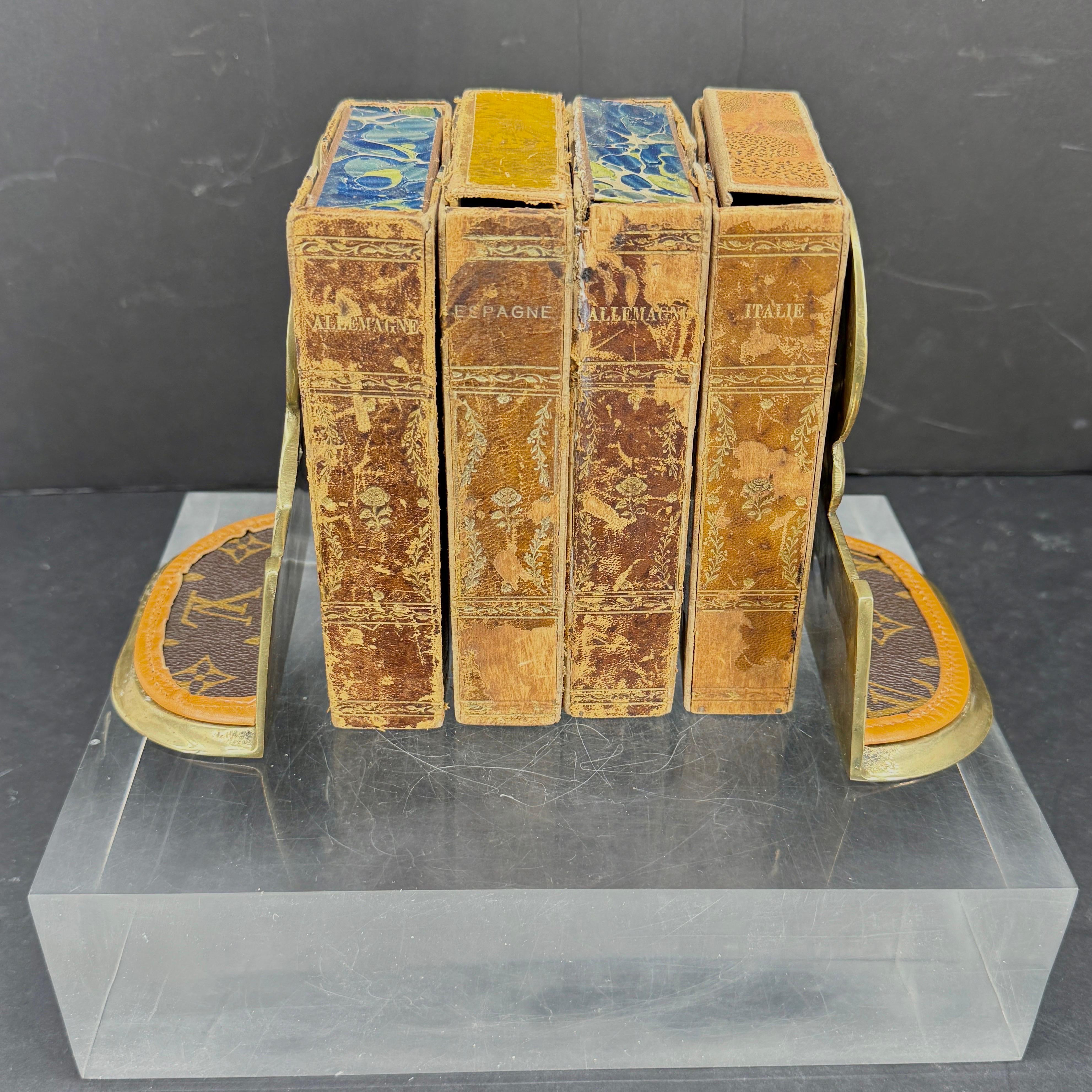 French Pair of Brass Tennis Rackets Bookends with Louis Vuitton Monogram Fabric For Sale