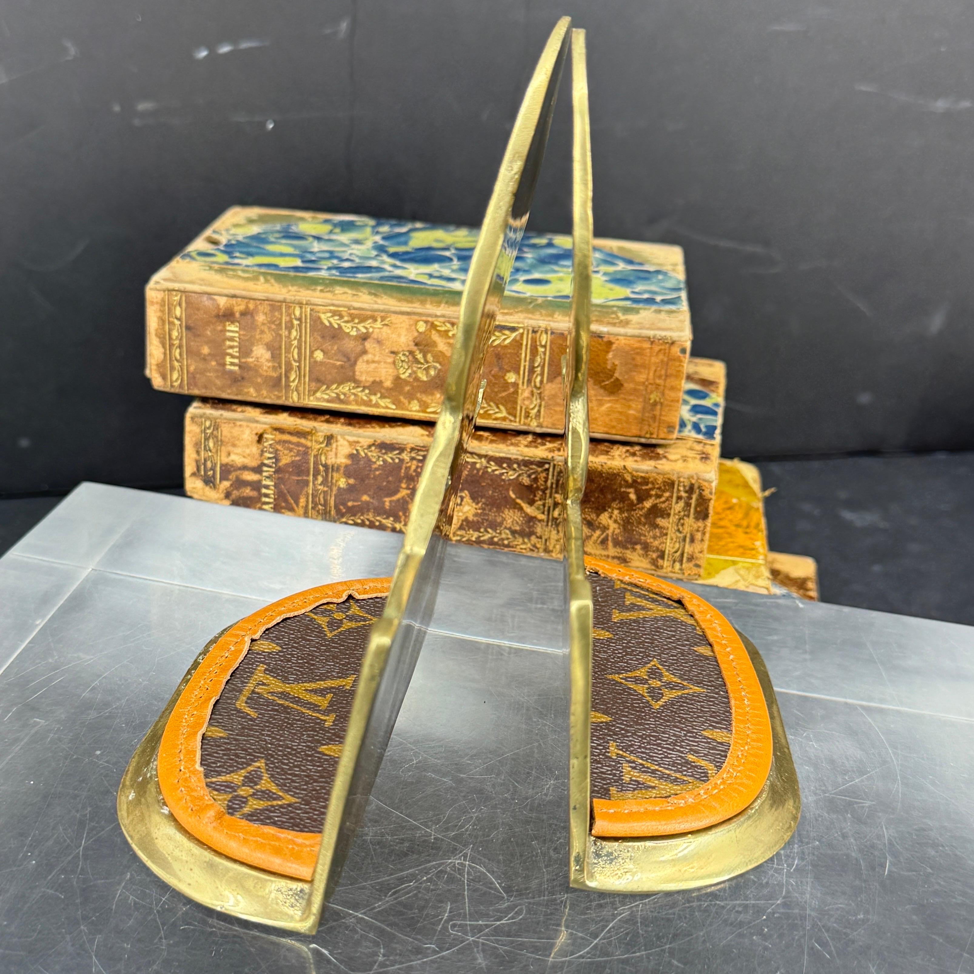 Hand-Crafted Pair of Brass Tennis Rackets Bookends with Louis Vuitton Monogram Fabric For Sale