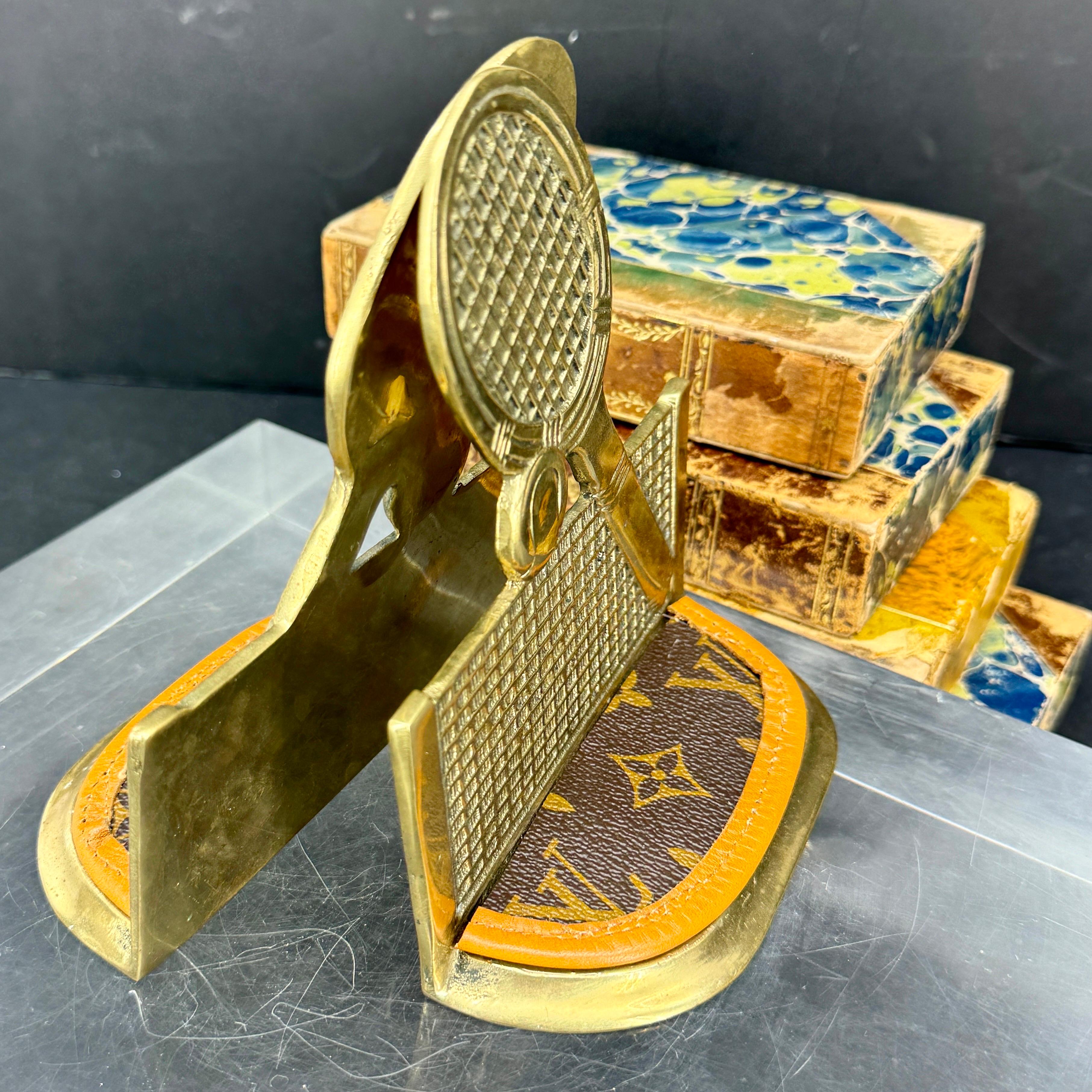 Pair of Brass Tennis Rackets Bookends with Louis Vuitton Monogram Fabric In Good Condition For Sale In Haddonfield, NJ