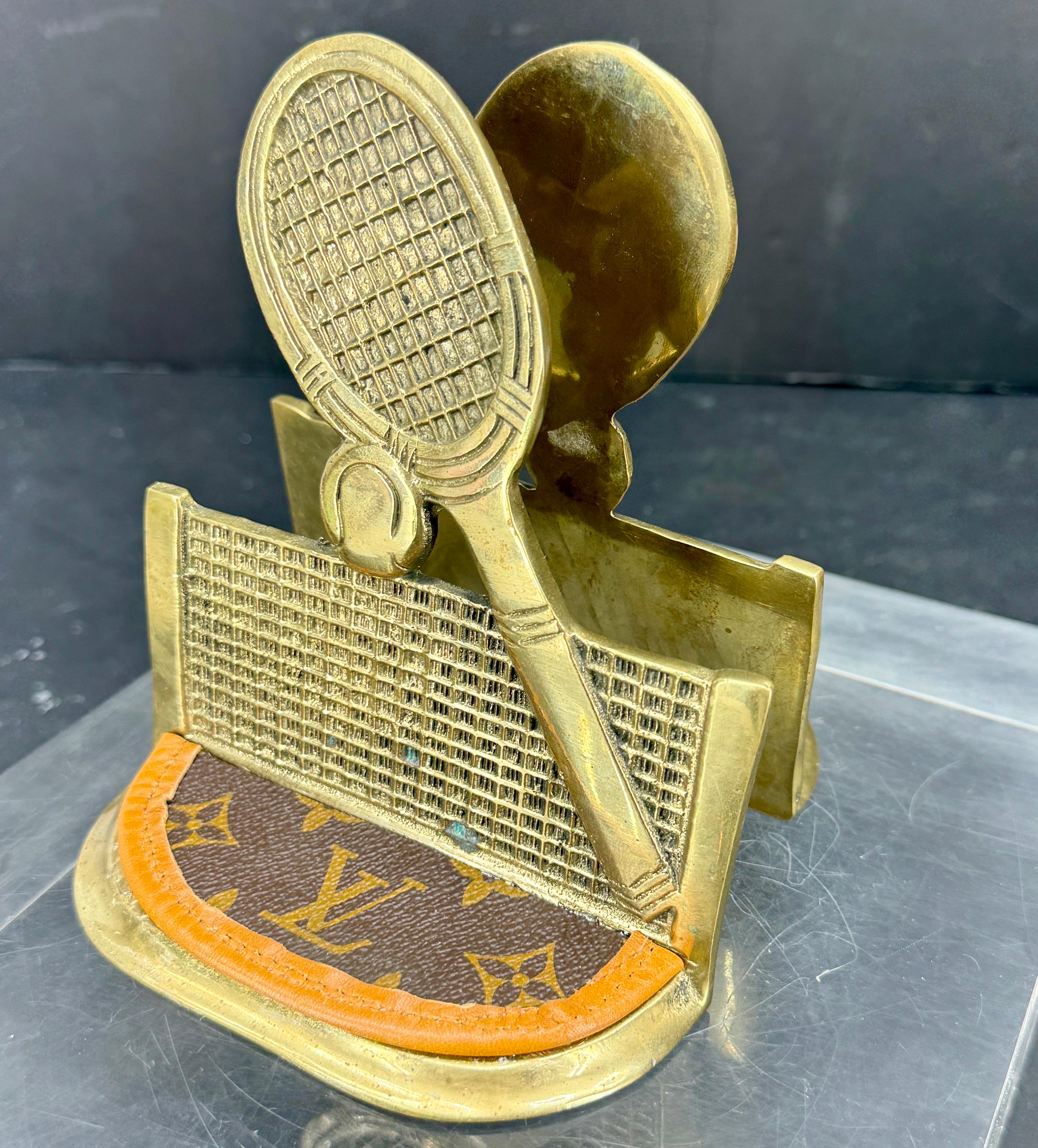 Pair of Brass Tennis Rackets Bookends with Louis Vuitton Monogram Fabric For Sale 1