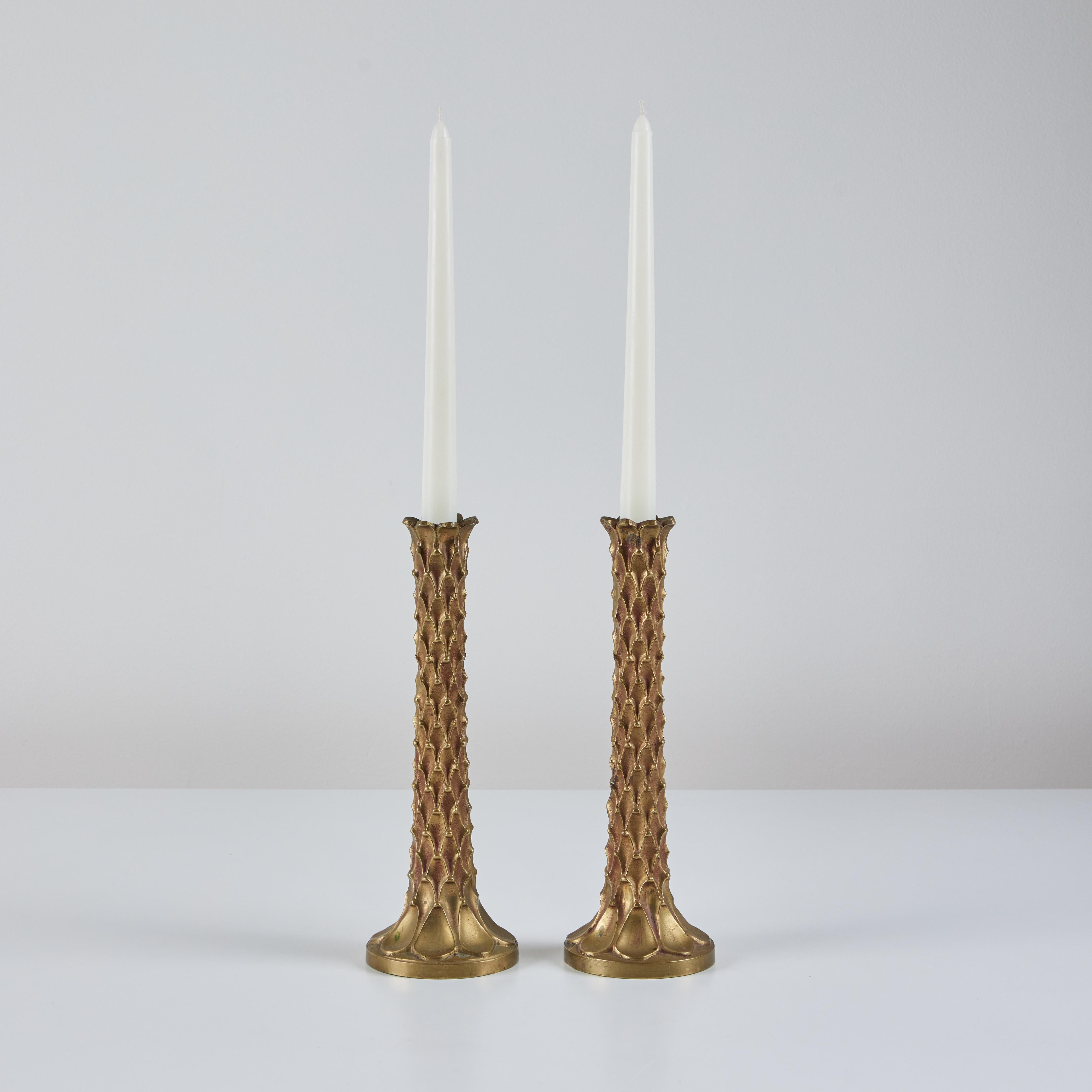 Mid-Century Modern Pair of Brass Textured Candlesticks