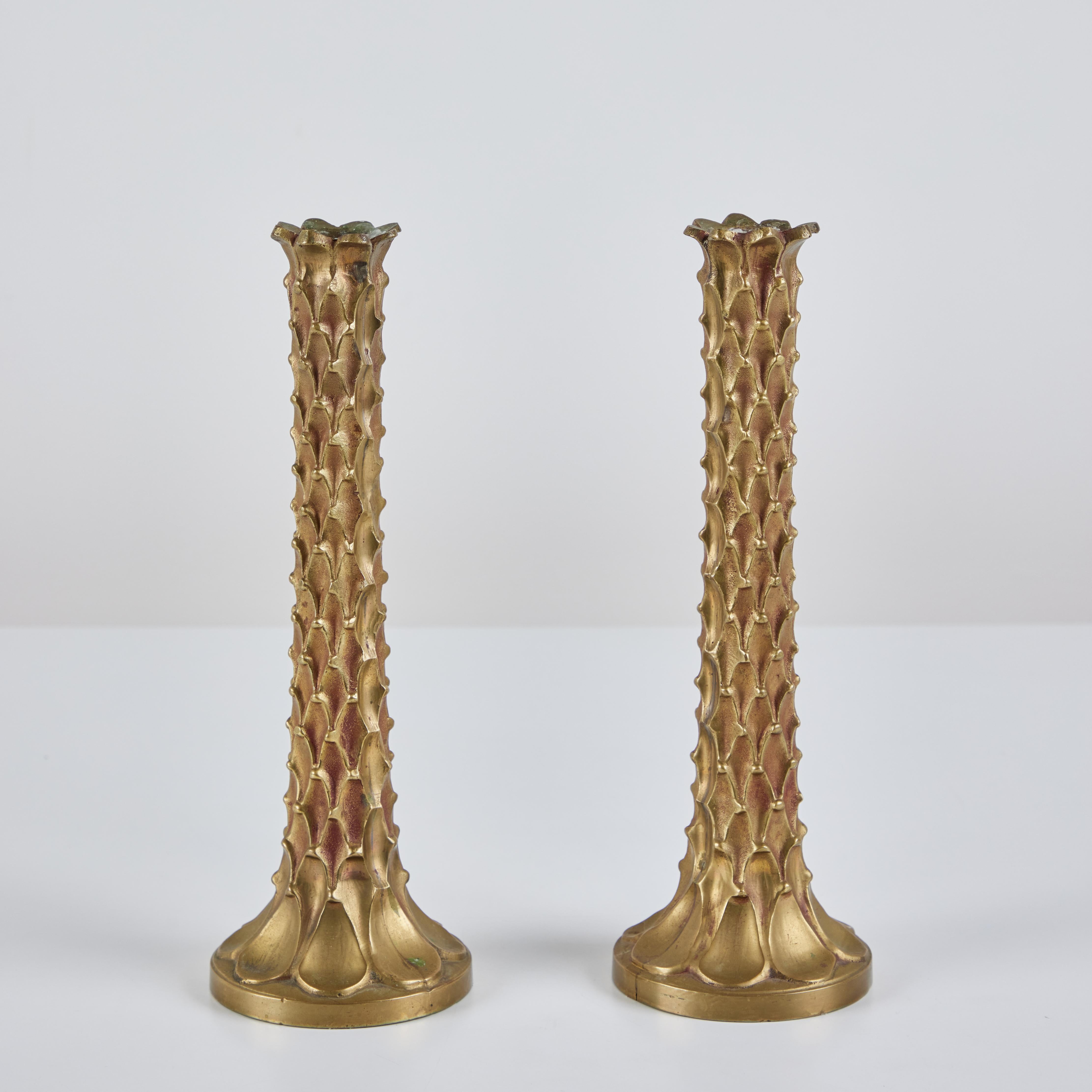 Unknown Pair of Brass Textured Candlesticks