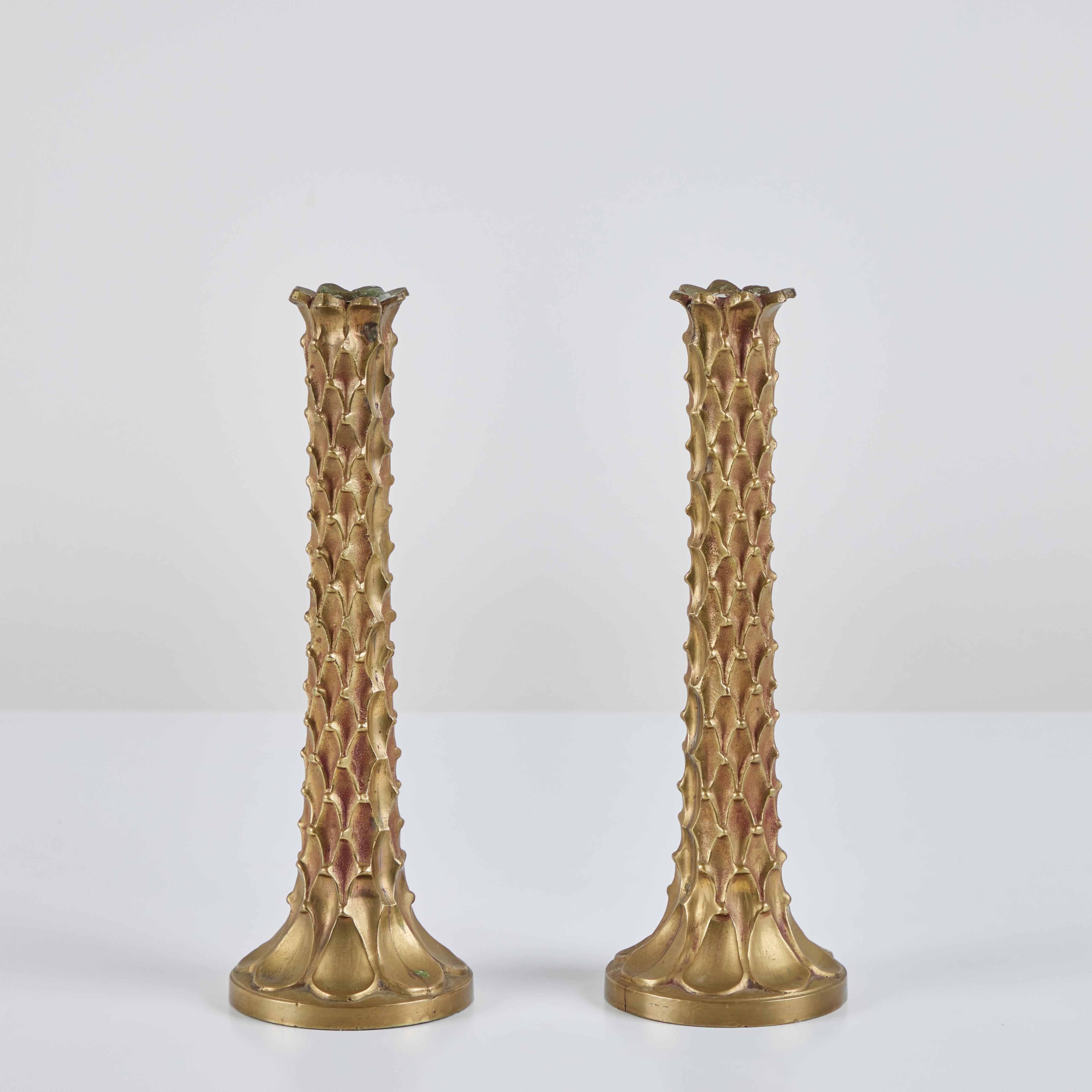 Pair of Brass Textured Candlesticks In Excellent Condition In Los Angeles, CA