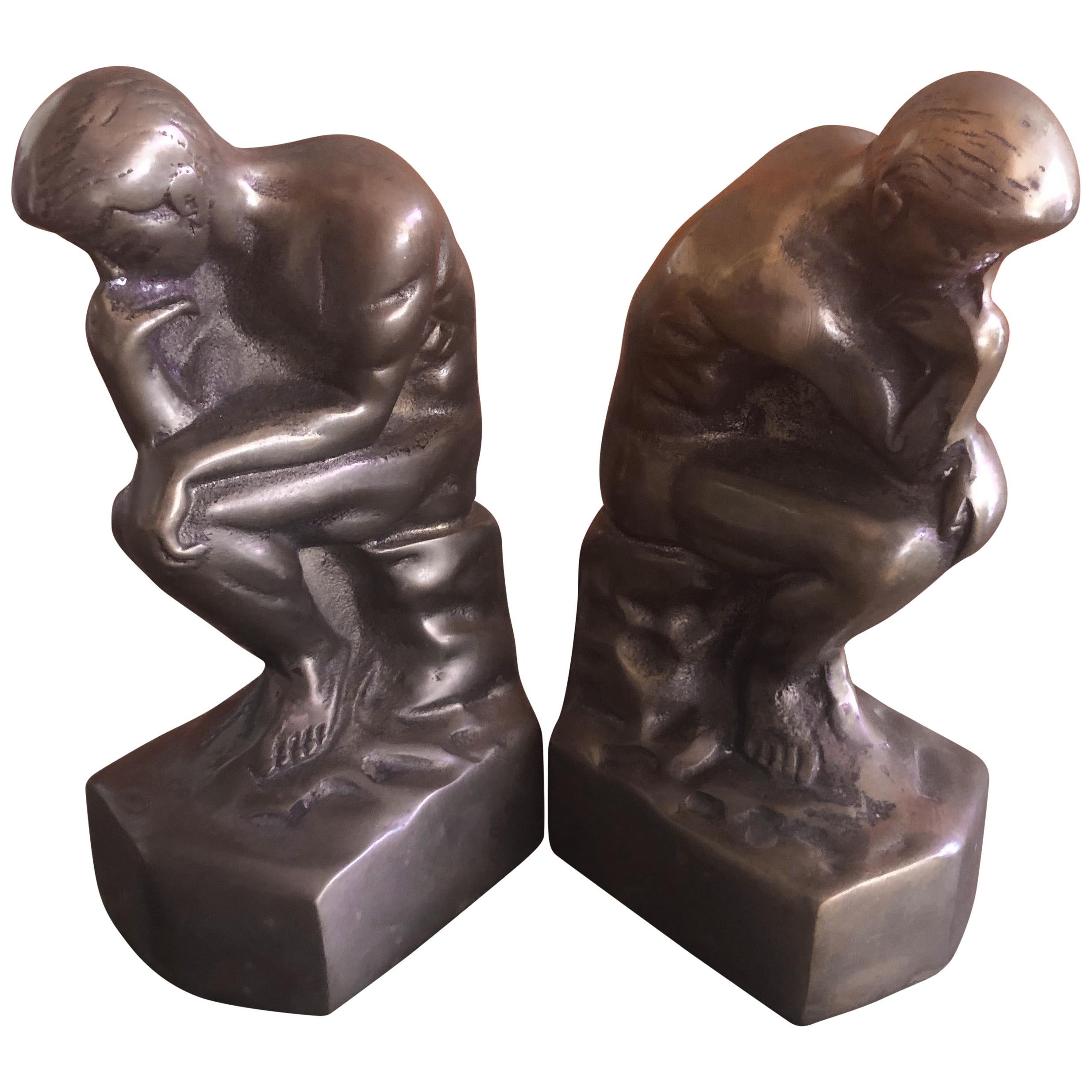 Pair of Brass "Thinker" Bookends in the Style of Auguste Rodin