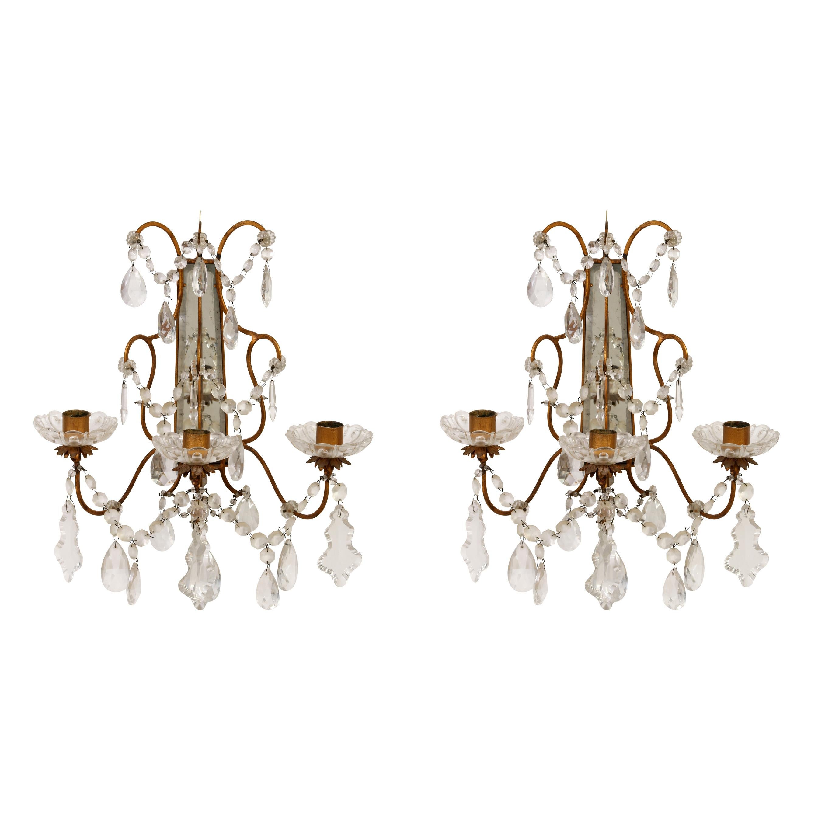 20th Century Pair of Brass Three Arm Candle Sconces with Crystals For Sale