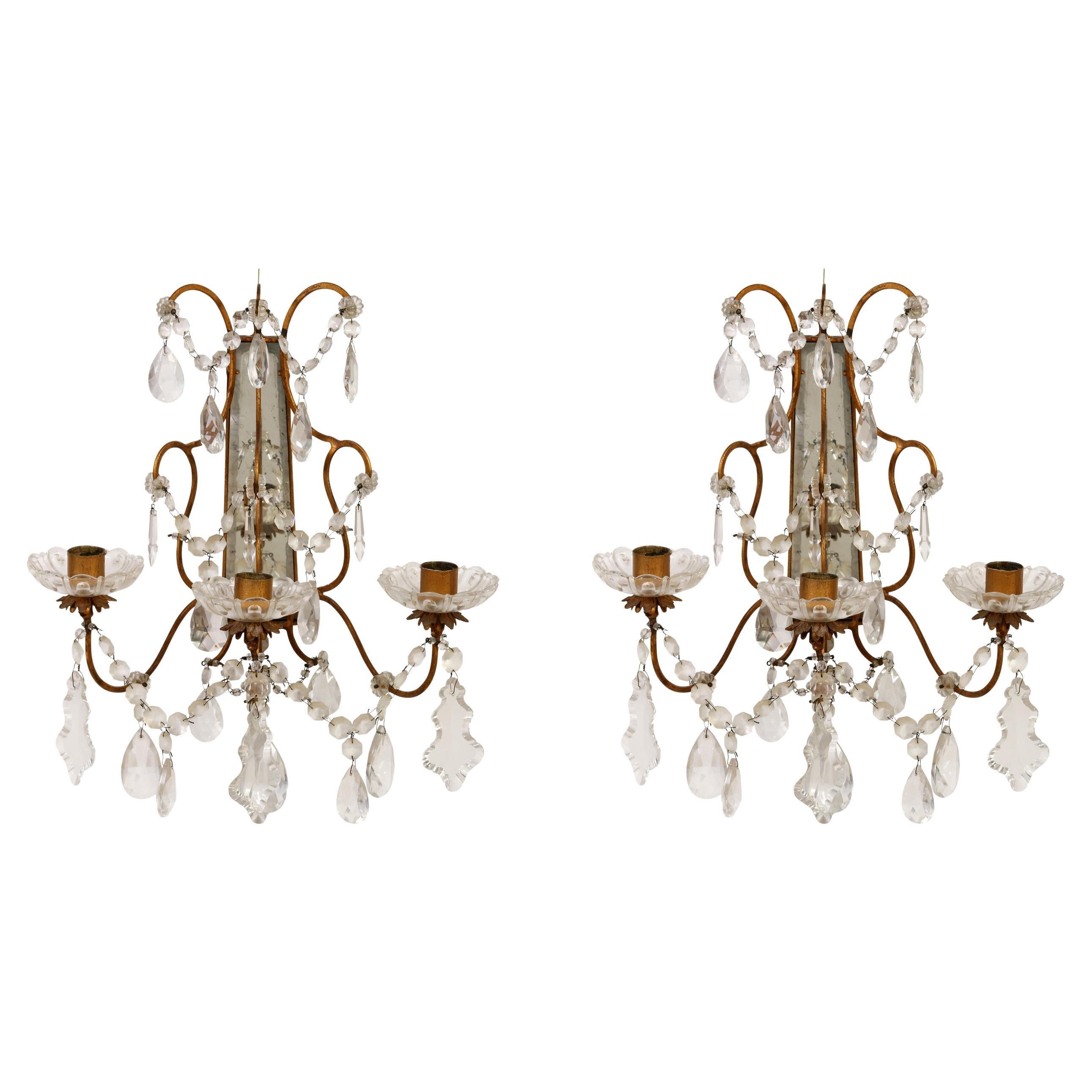 Pair of Brass Three Arm Candle Sconces with Crystals
