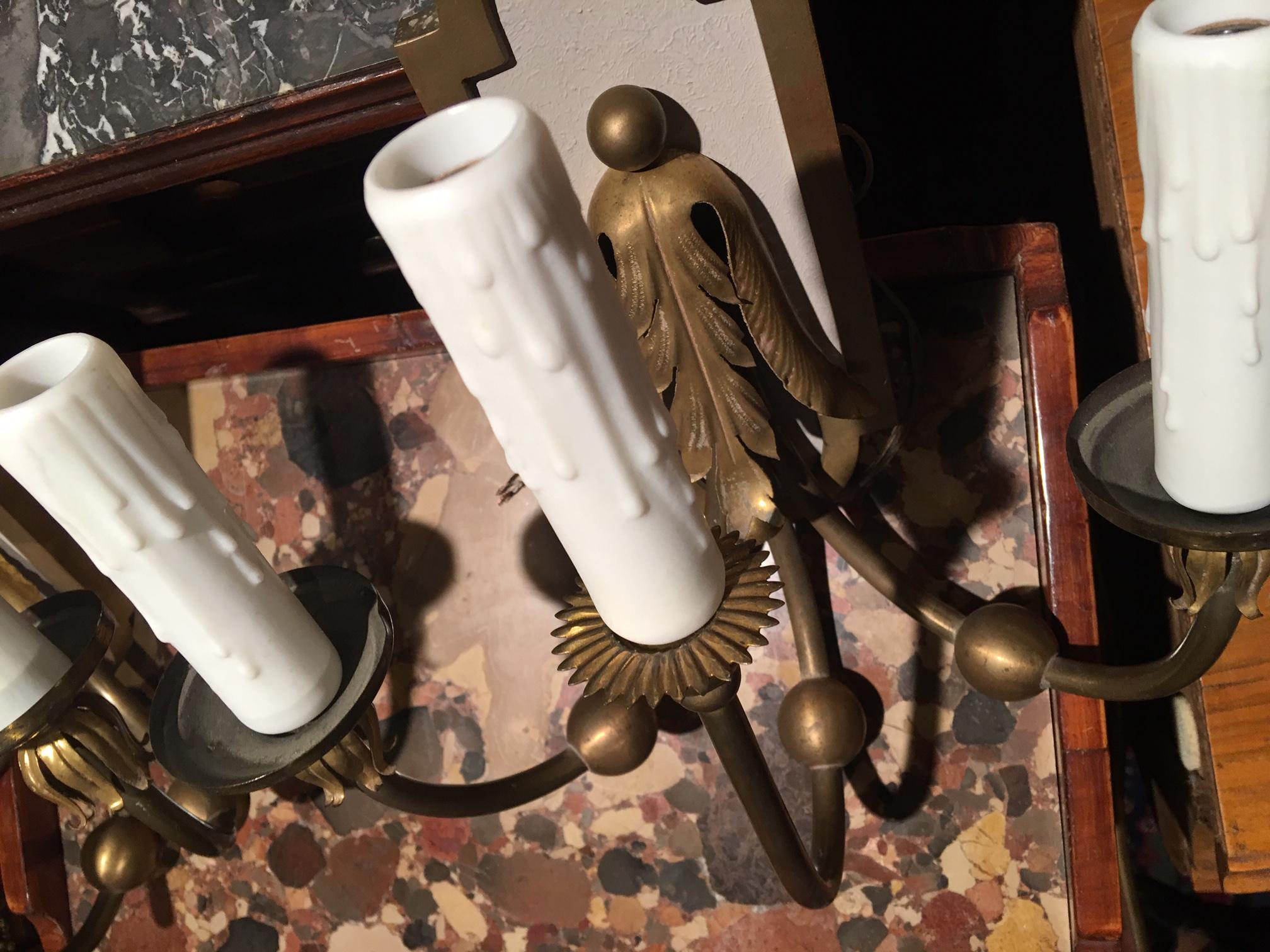 Pair of Brass Three-Light Sconces with Painted Backs, 20th Century 3