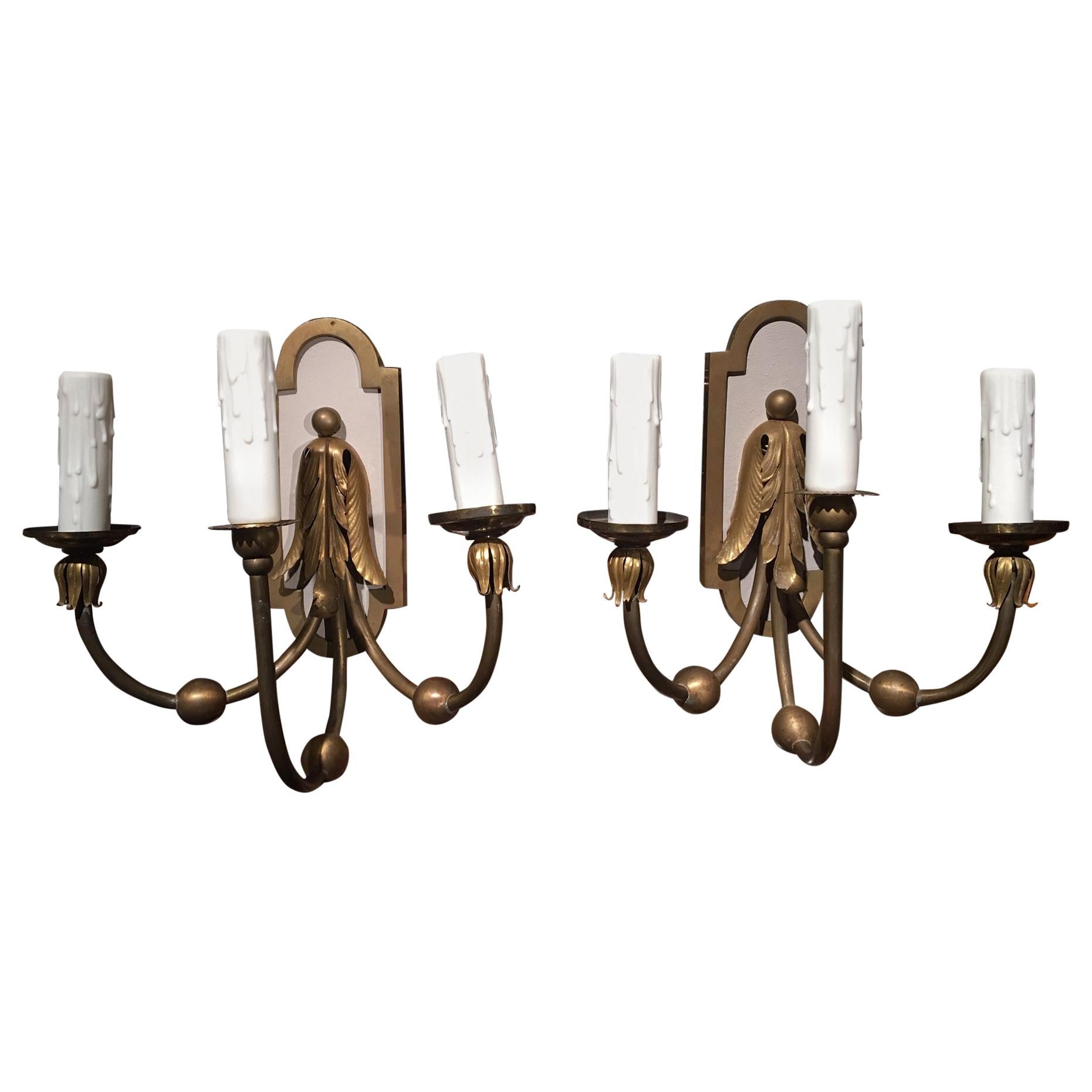 Pair of Brass Three-Light Sconces with Painted Backs, 20th Century