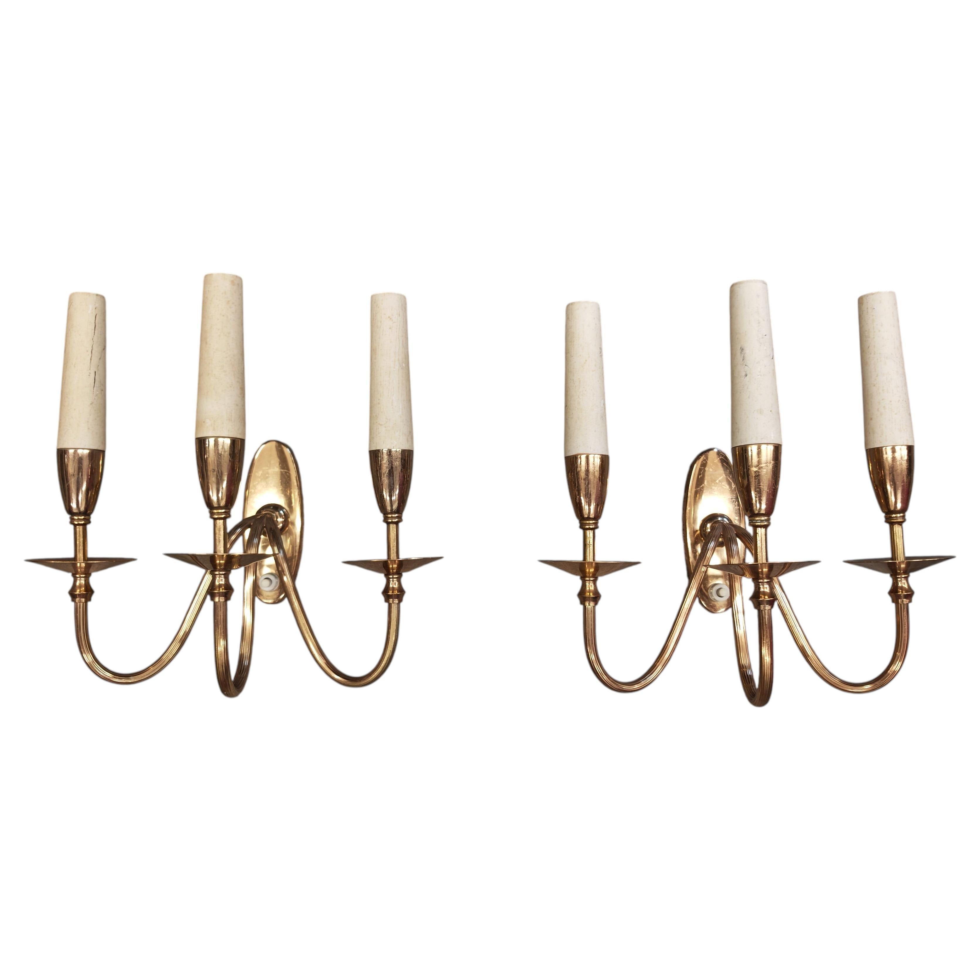 Pair of Brass Three-Light Wall Sconces attr. to Gio Ponti, Italy For Sale