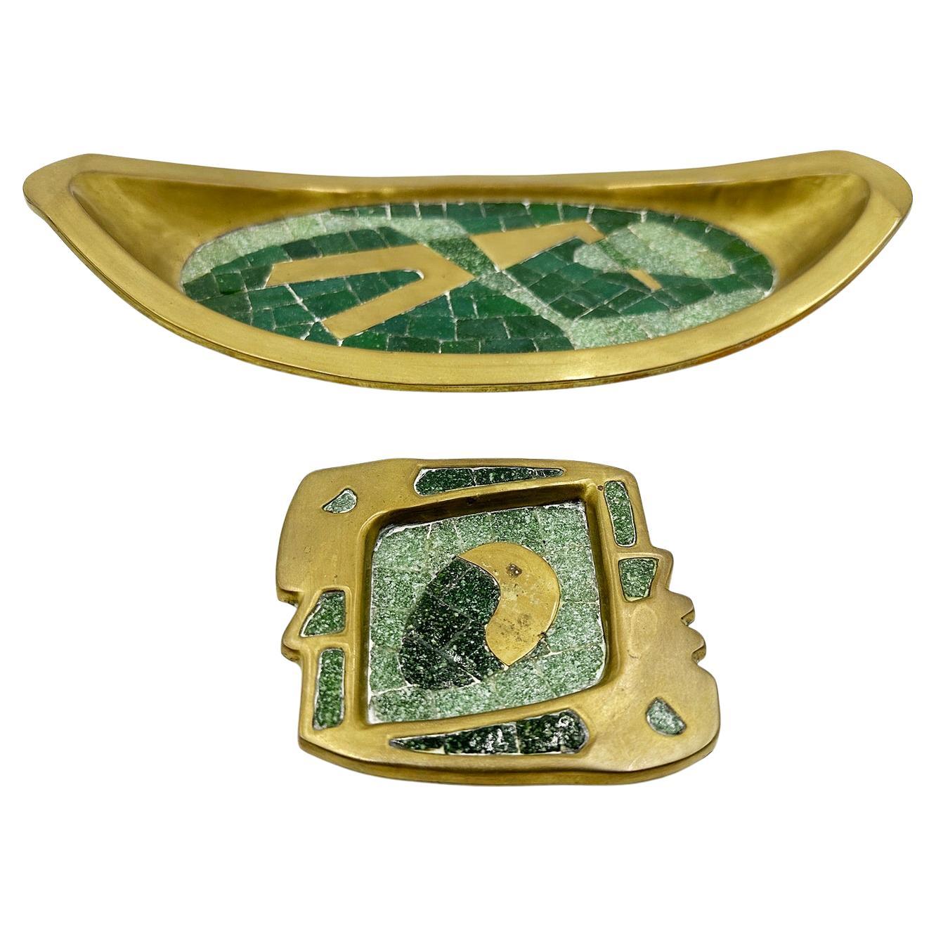 Pair of Brass & Tile Trays by Salvador Teran, Mexico 1960's For Sale
