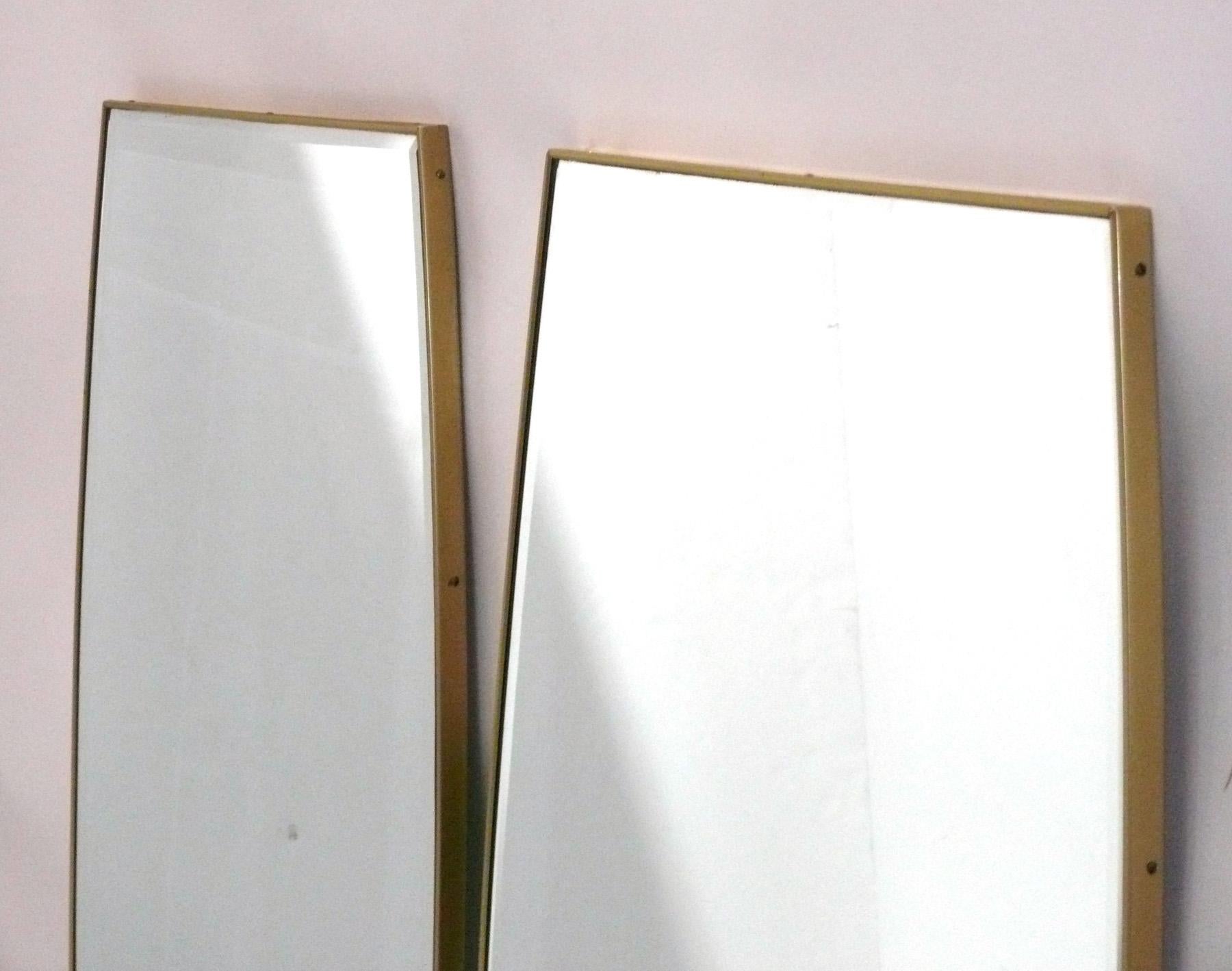 Mid-Century Modern Pair of Brass Tone Cushion Cut Modernist Mirrors 