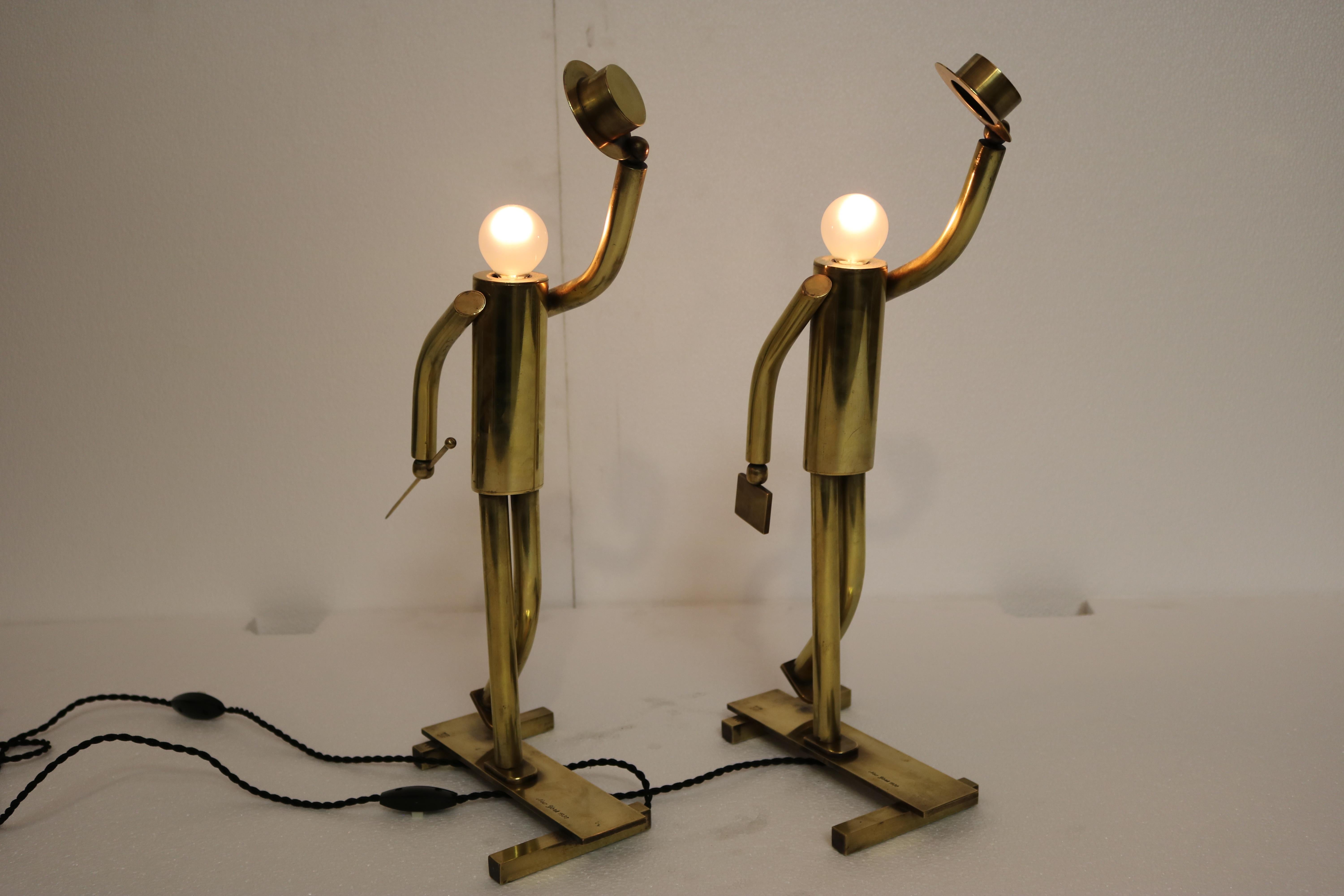 Mid-Century Modern Pair of Brass Top Hat Figurine Lamps
