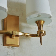 Pair of Brass Torch Sconces with Shades, France 1940s