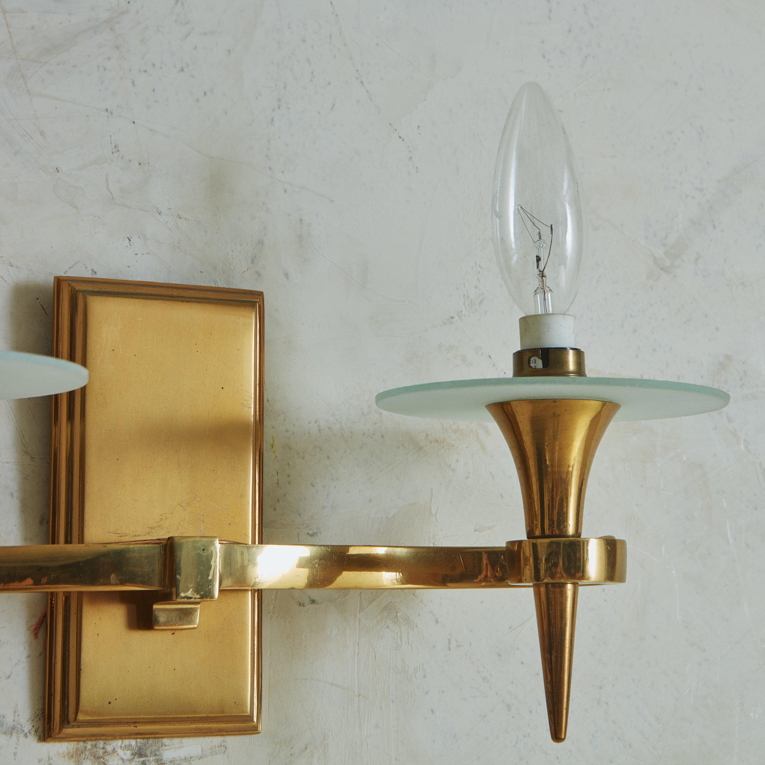 Mid-20th Century Pair of Brass Torch Sconces with Shades, France 1940s For Sale