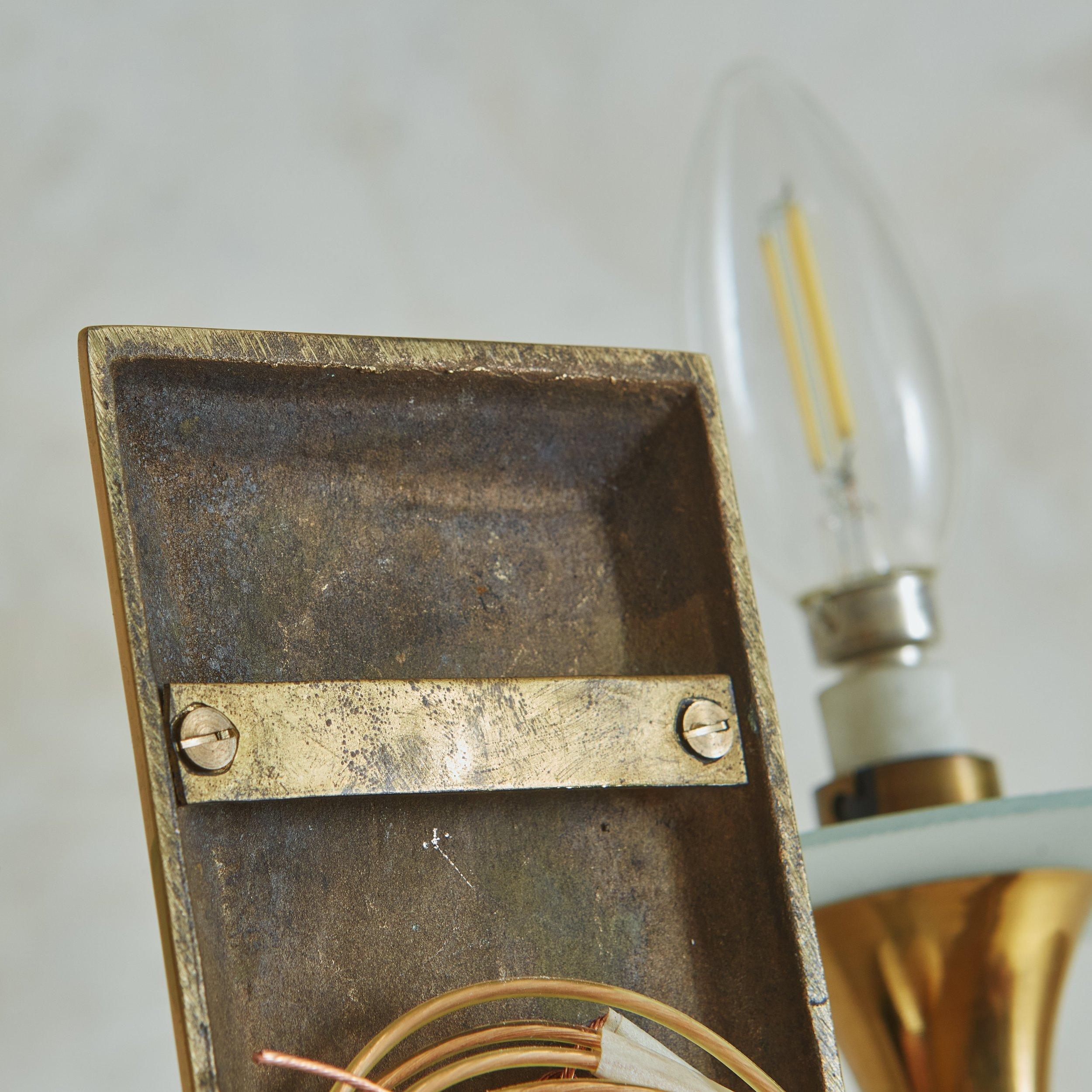 Pair of Brass Torch Sconces with Shades, France 1940s For Sale 3