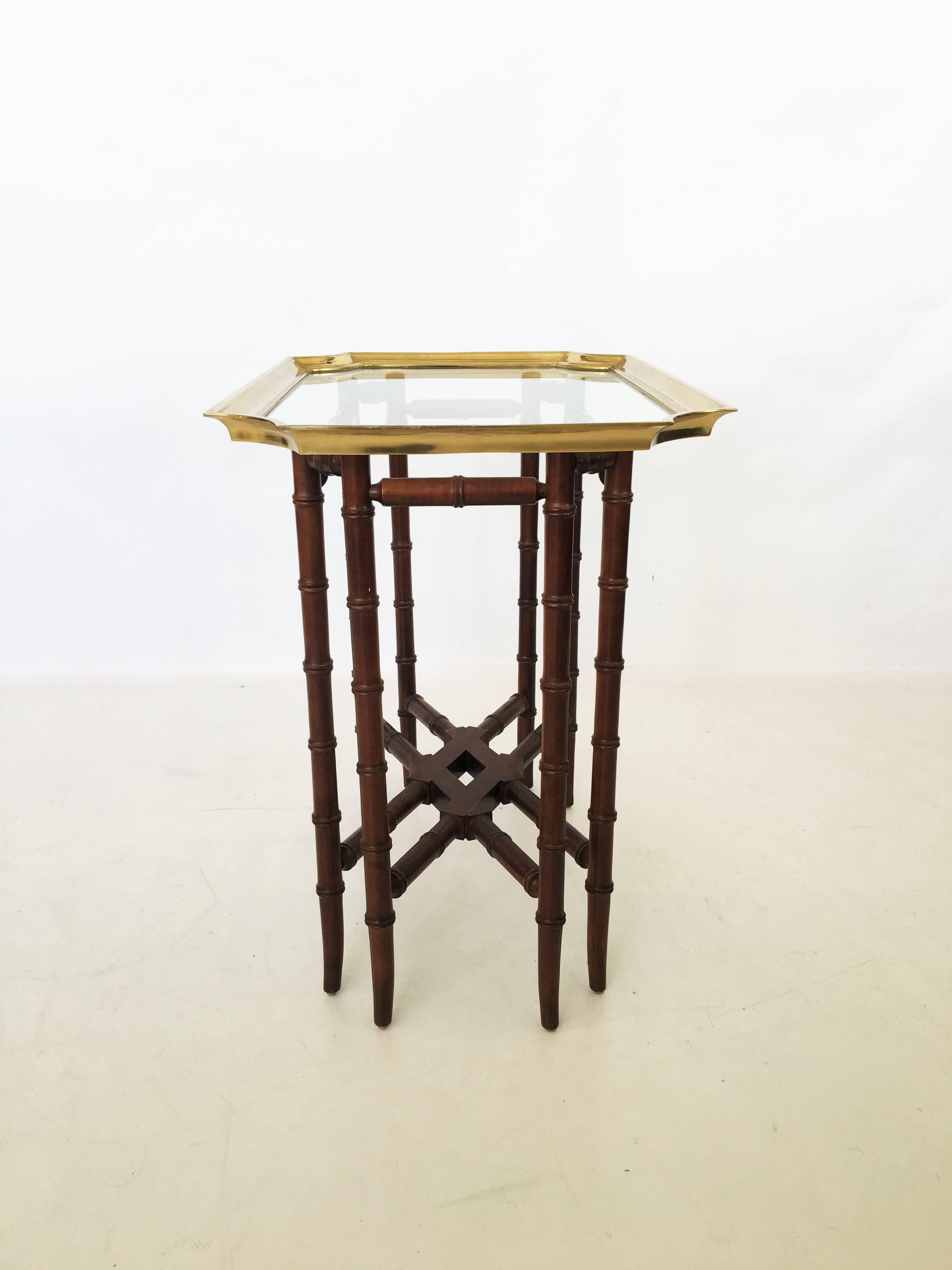 Pair of Brass Trim and Glass Tray-Top Faux Bamboo Side/End Tables by Baker For Sale 4