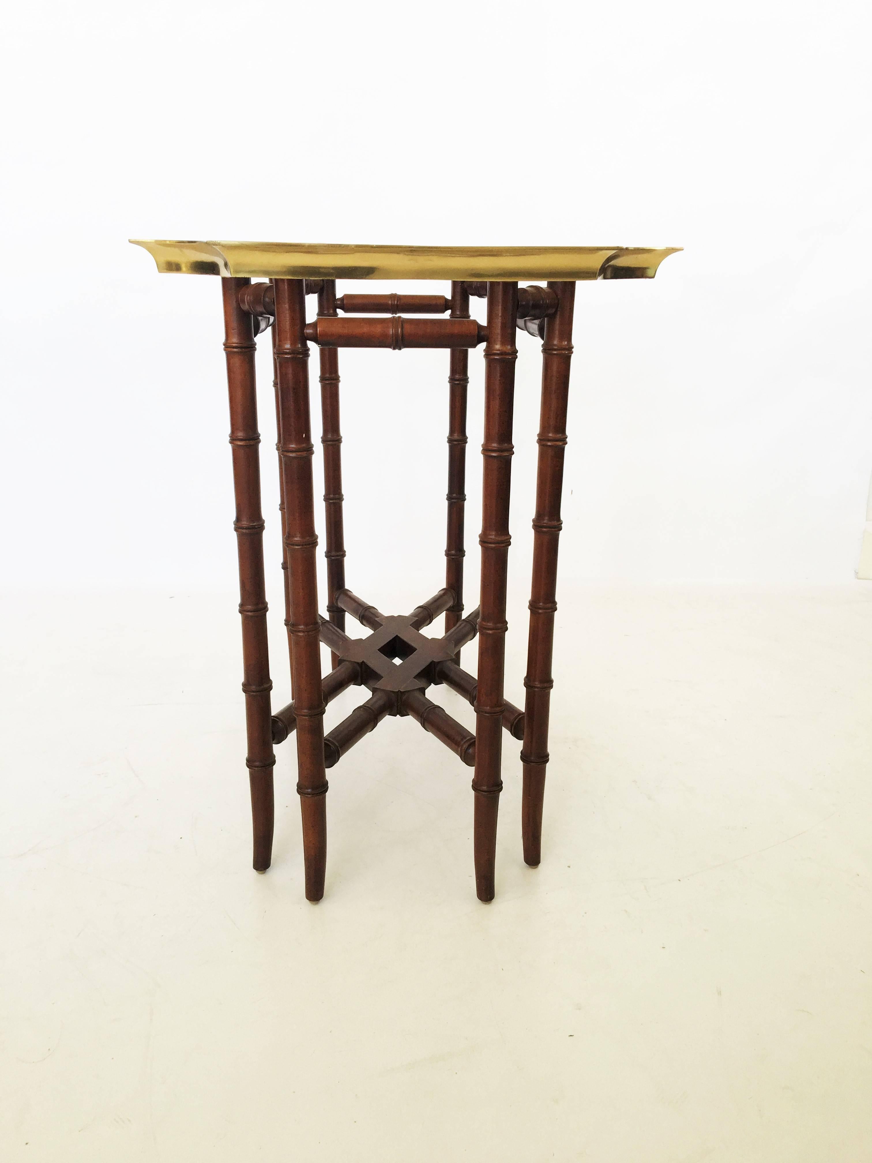 Pair of Brass Trim and Glass Tray-Top Faux Bamboo Side/End Tables by Baker For Sale 5