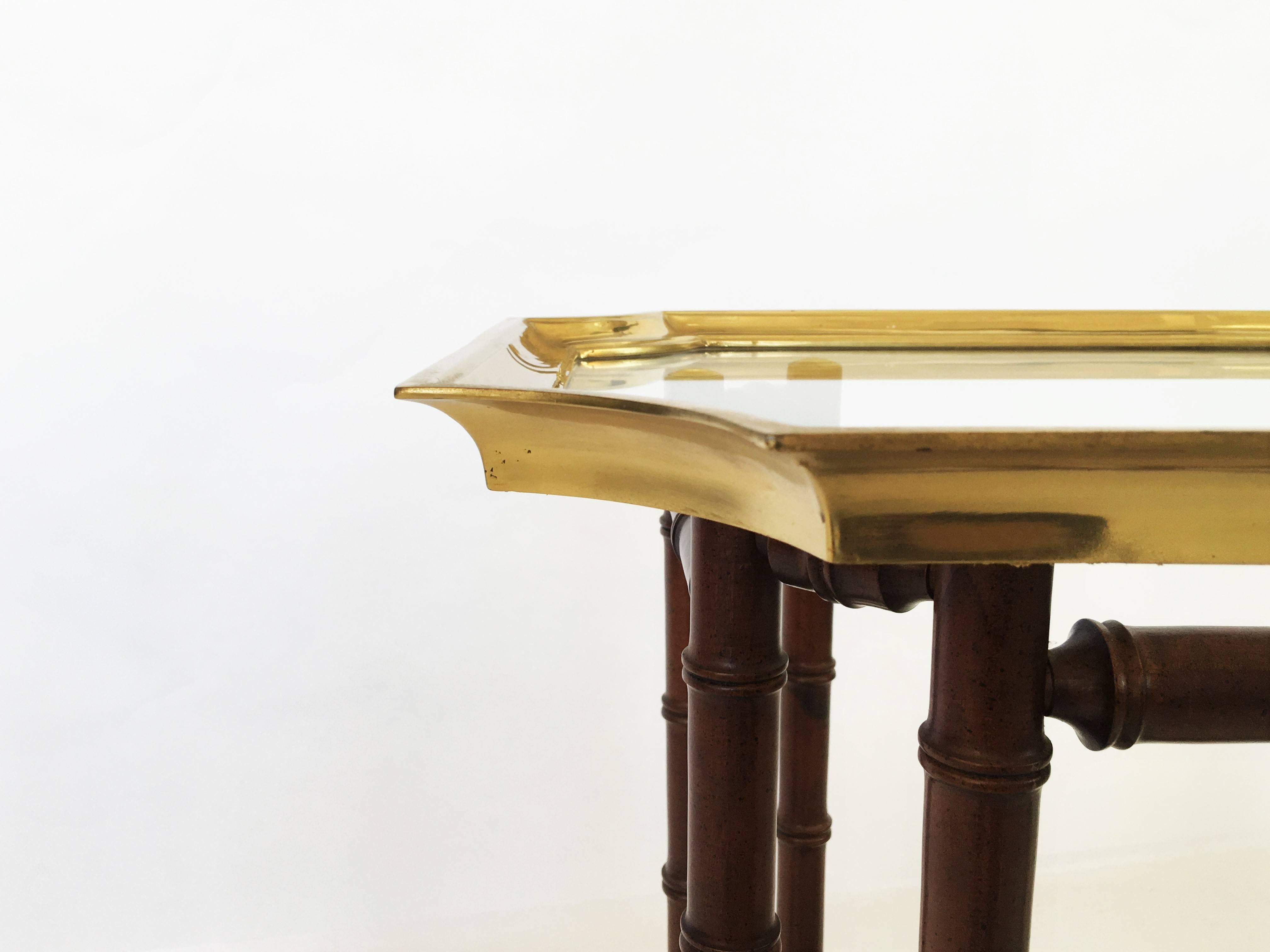 Hollywood Regency Pair of Brass Trim and Glass Tray-Top Faux Bamboo Side/End Tables by Baker For Sale