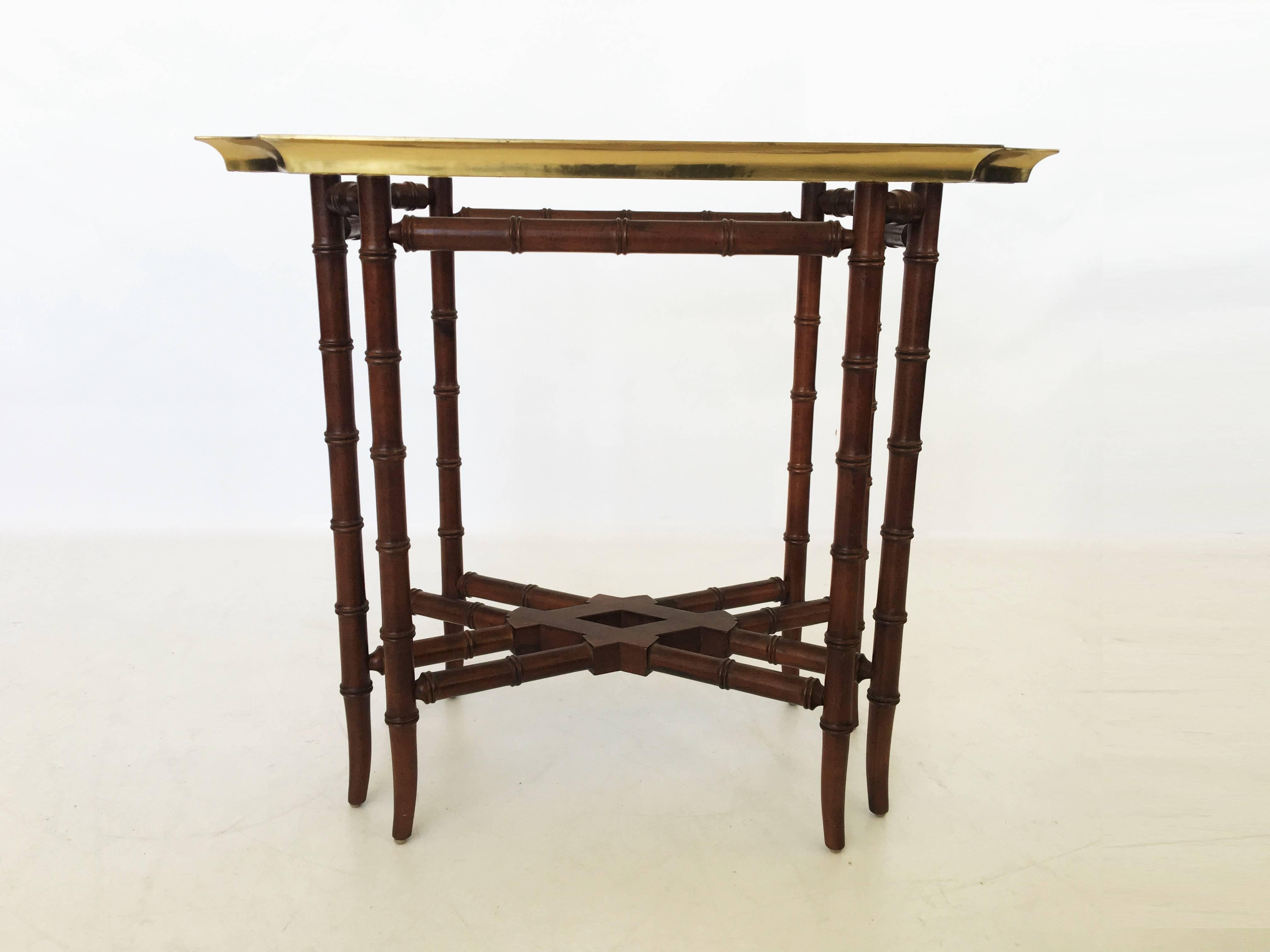 Pair of Brass Trim and Glass Tray-Top Faux Bamboo Side/End Tables by Baker In Good Condition For Sale In Dallas, TX