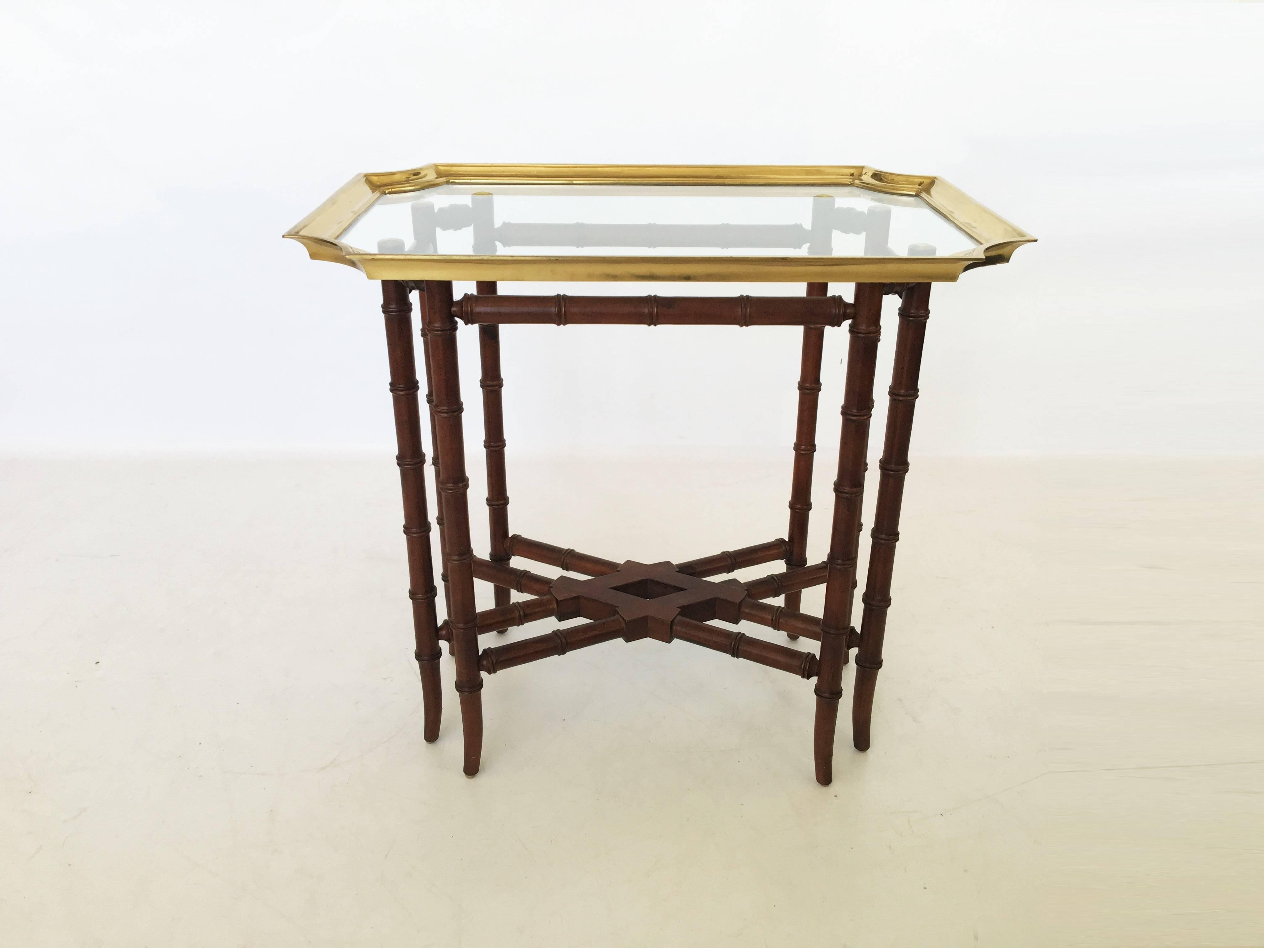 Mid-20th Century Pair of Brass Trim and Glass Tray-Top Faux Bamboo Side/End Tables by Baker For Sale