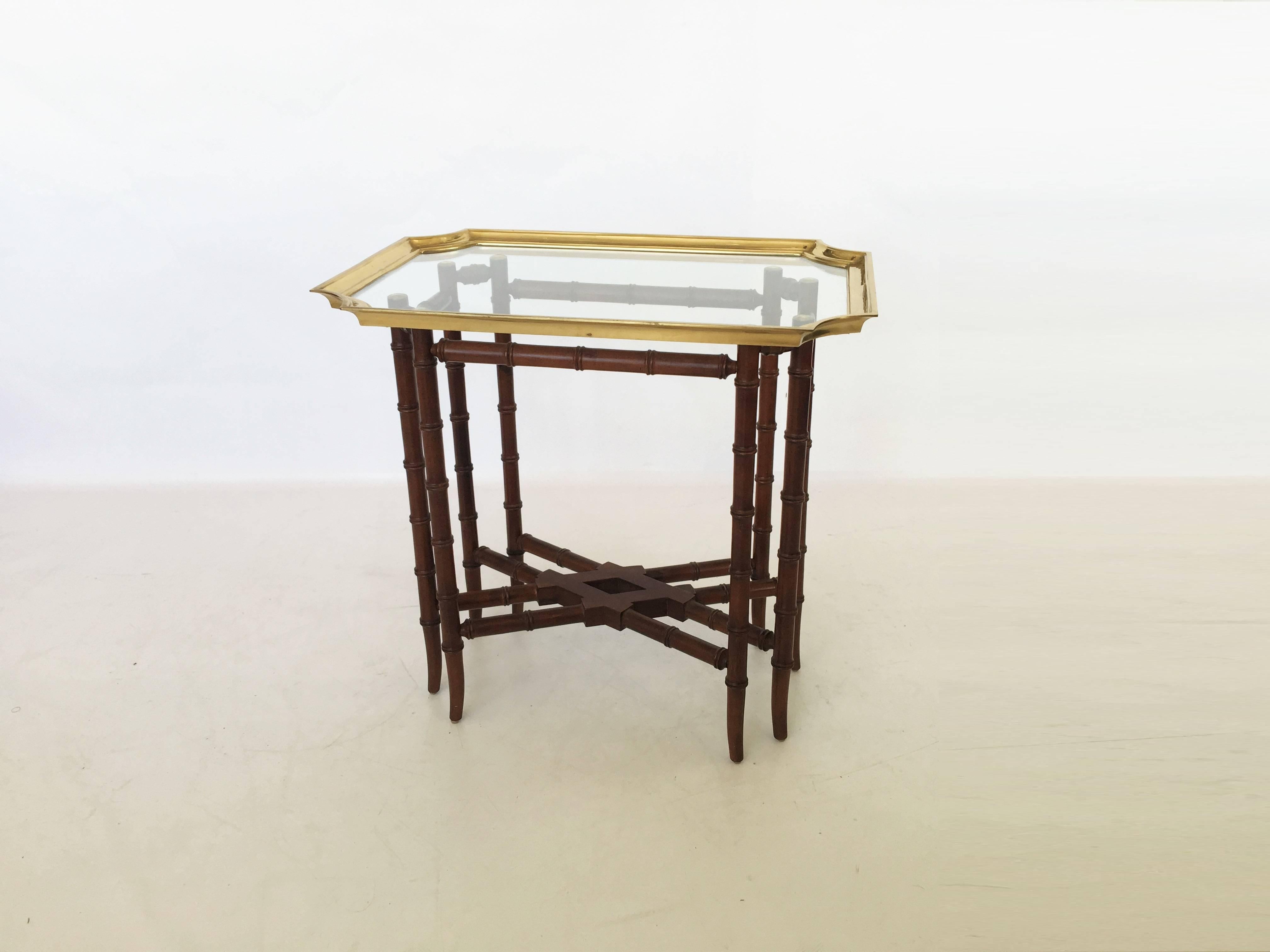 Pair of Brass Trim and Glass Tray-Top Faux Bamboo Side/End Tables by Baker For Sale 2