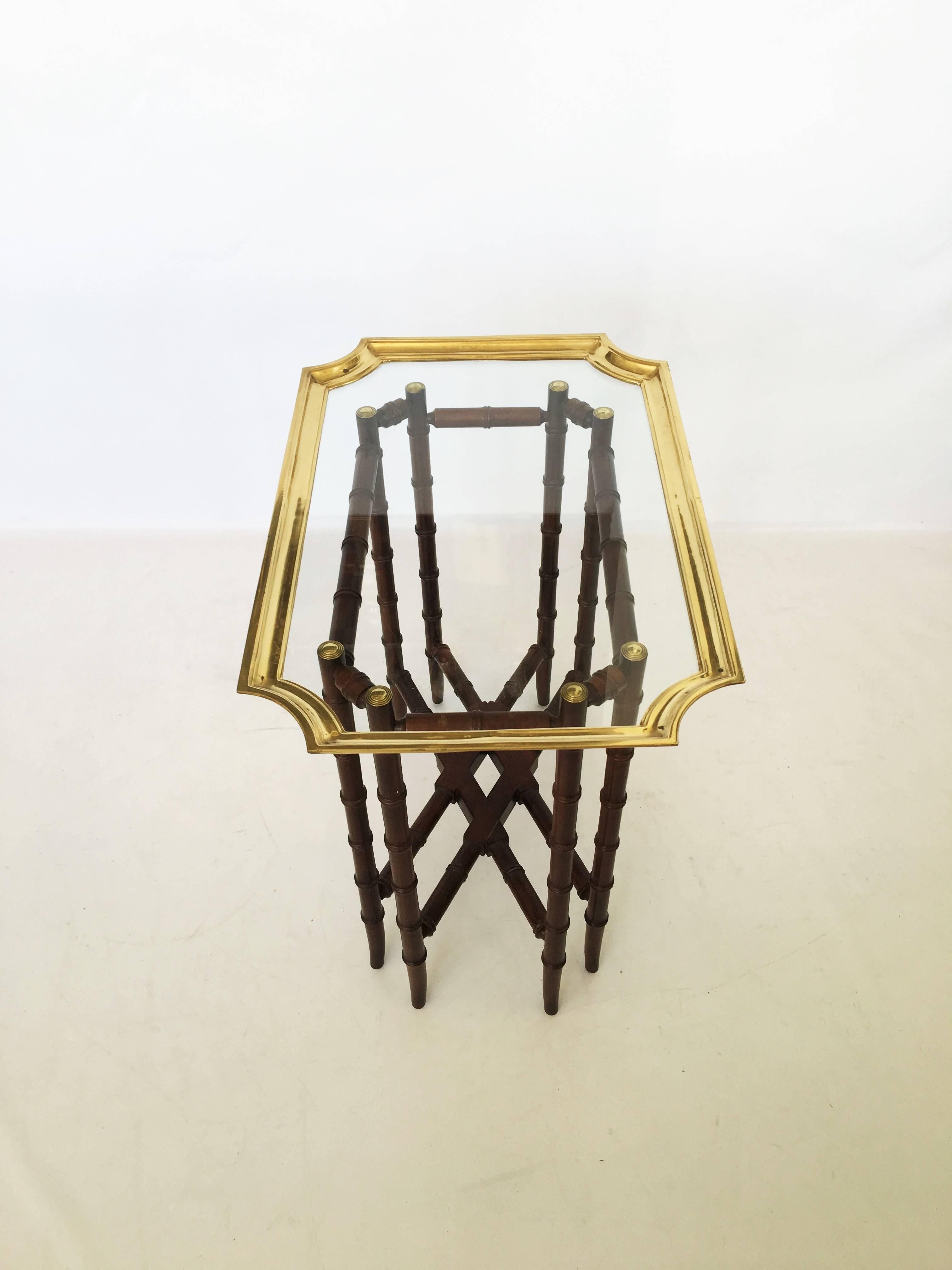 Pair of Brass Trim and Glass Tray-Top Faux Bamboo Side/End Tables by Baker For Sale 3
