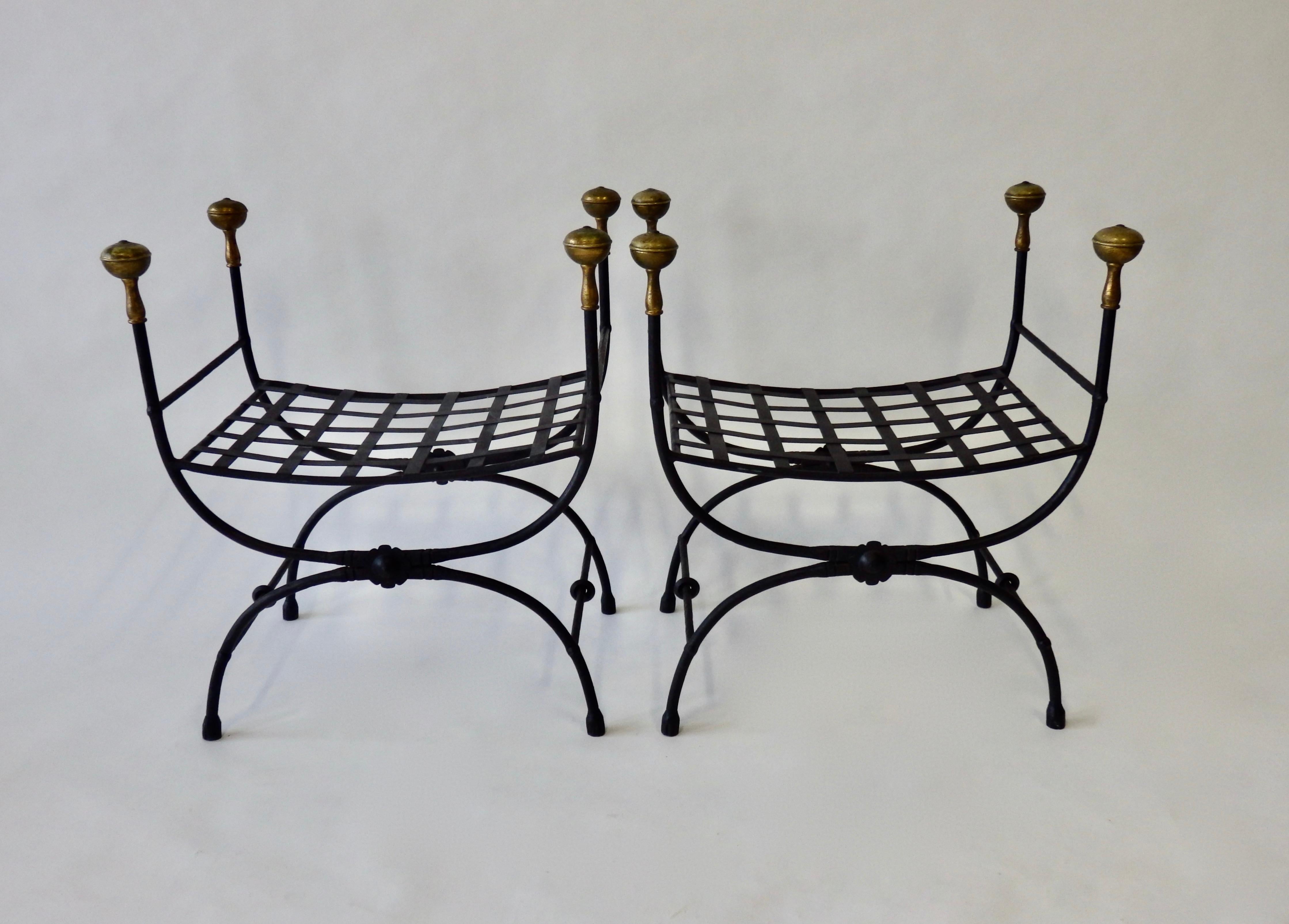 Medieval Pair of Brass Trim Forged and Wrought Iron Benches