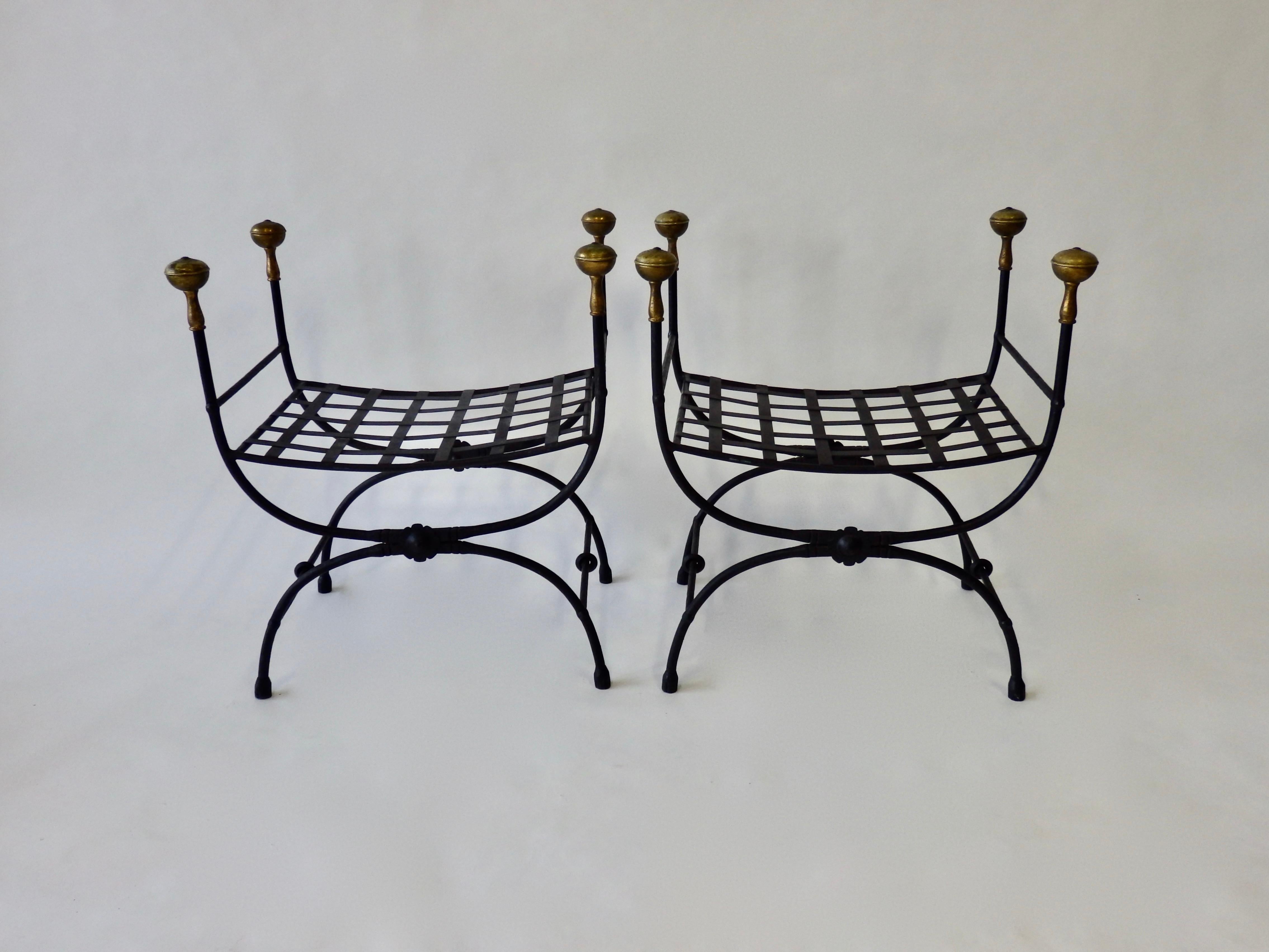 Pair of Brass Trim Forged and Wrought Iron Benches In Good Condition In Ferndale, MI