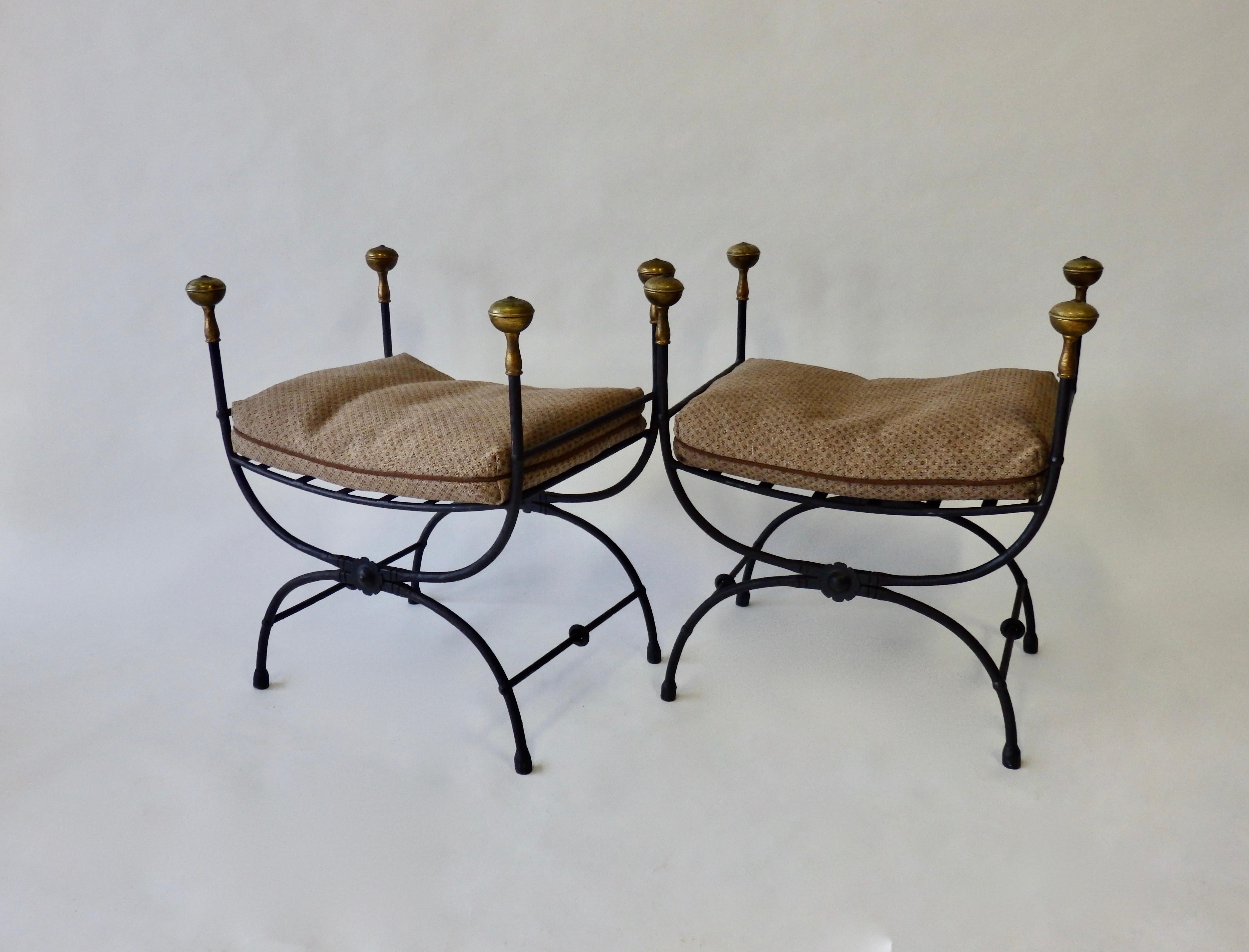 Pair of Brass Trim Forged and Wrought Iron Benches 1