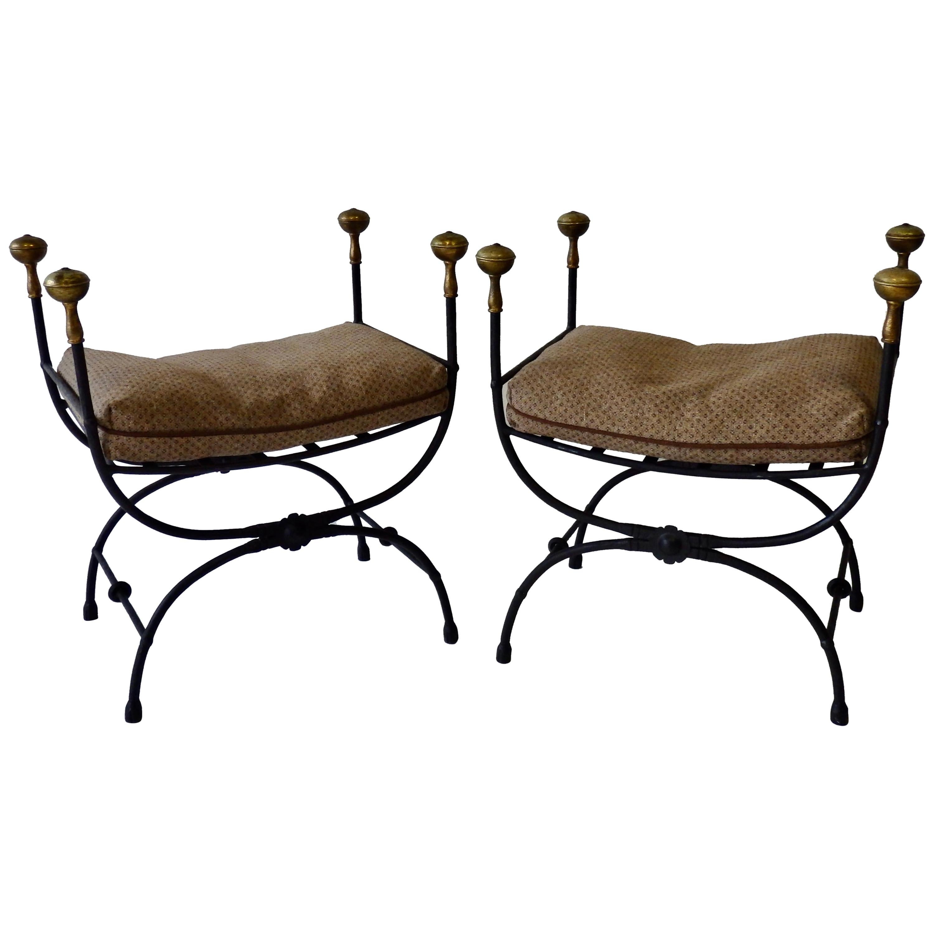 Pair of Brass Trim Forged and Wrought Iron Benches