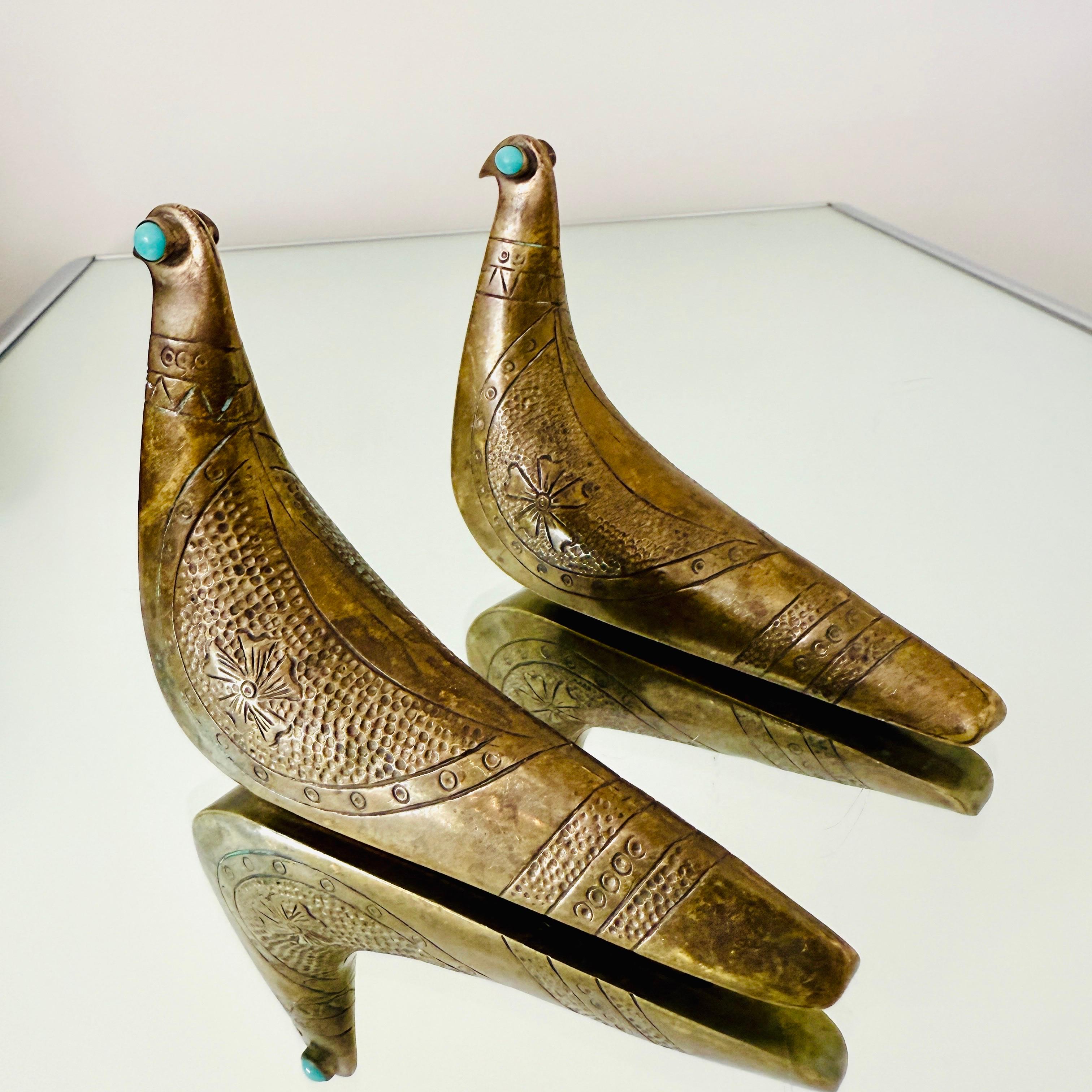Mid-Century Modern Pair of Brass & Turquoise Bird Sculptures by Joaquin Taller Tinta, c. 1960's