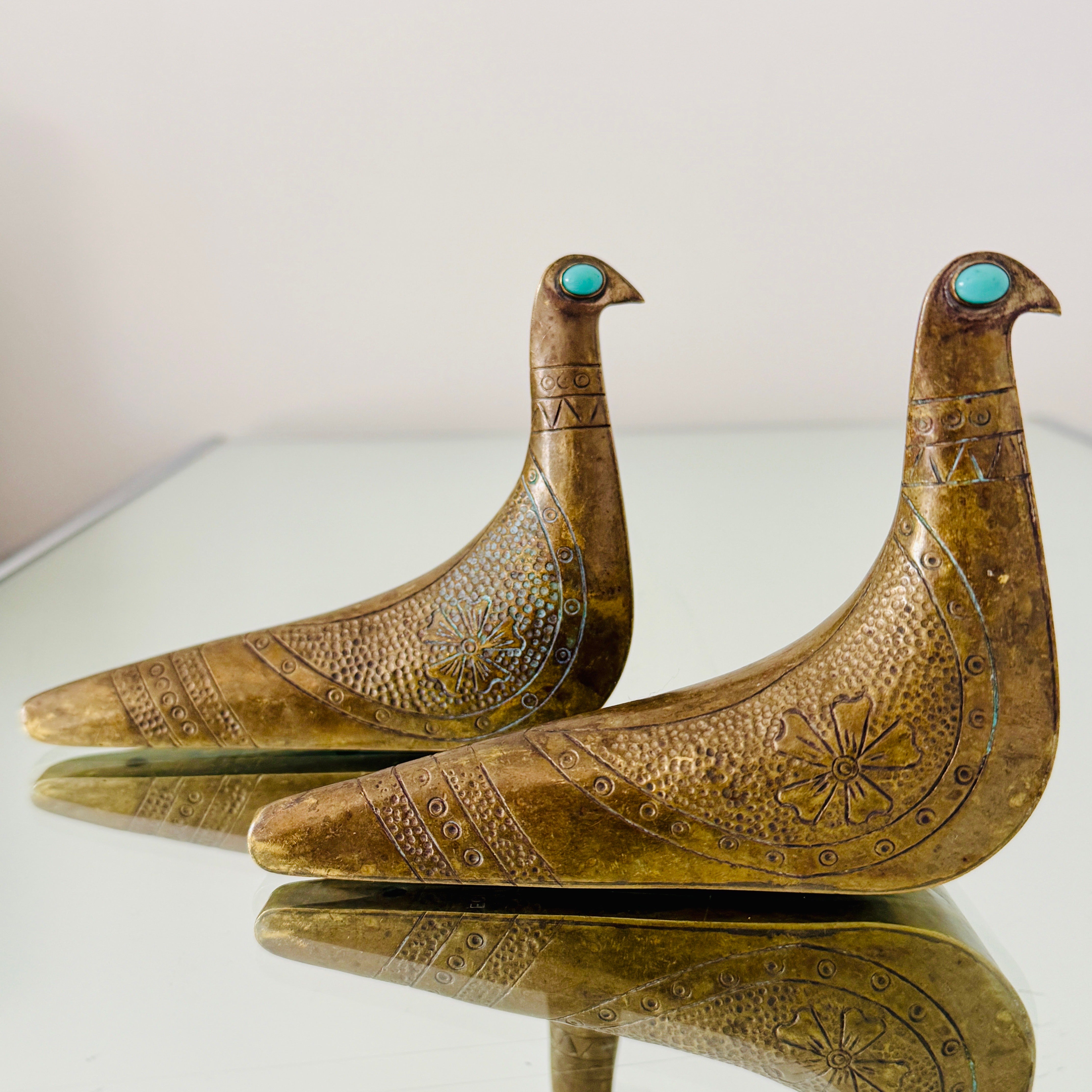 Ecuadorean Pair of Brass & Turquoise Bird Sculptures by Joaquin Taller Tinta, c. 1960's