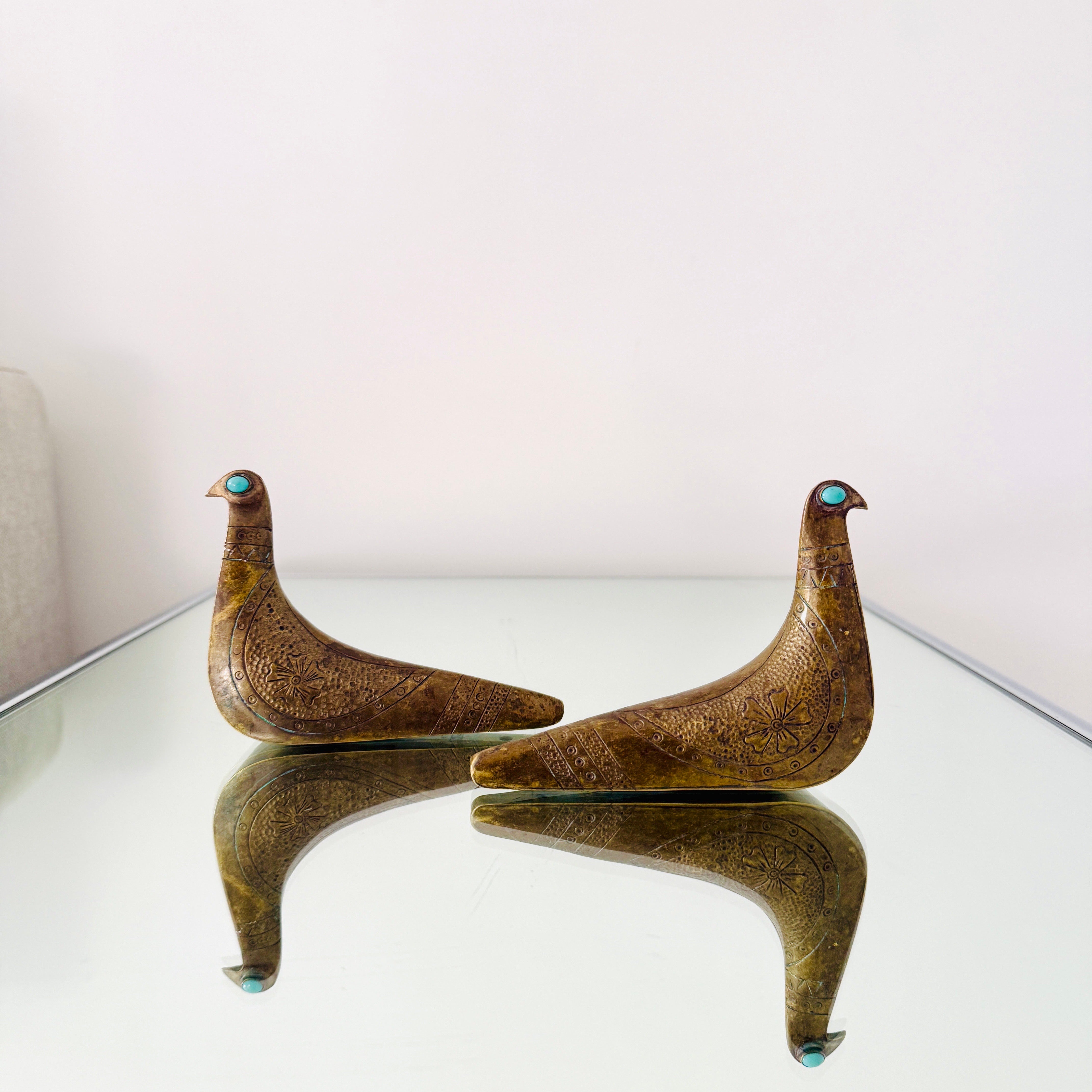 Hand-Carved Pair of Brass & Turquoise Bird Sculptures by Joaquin Taller Tinta, c. 1960's