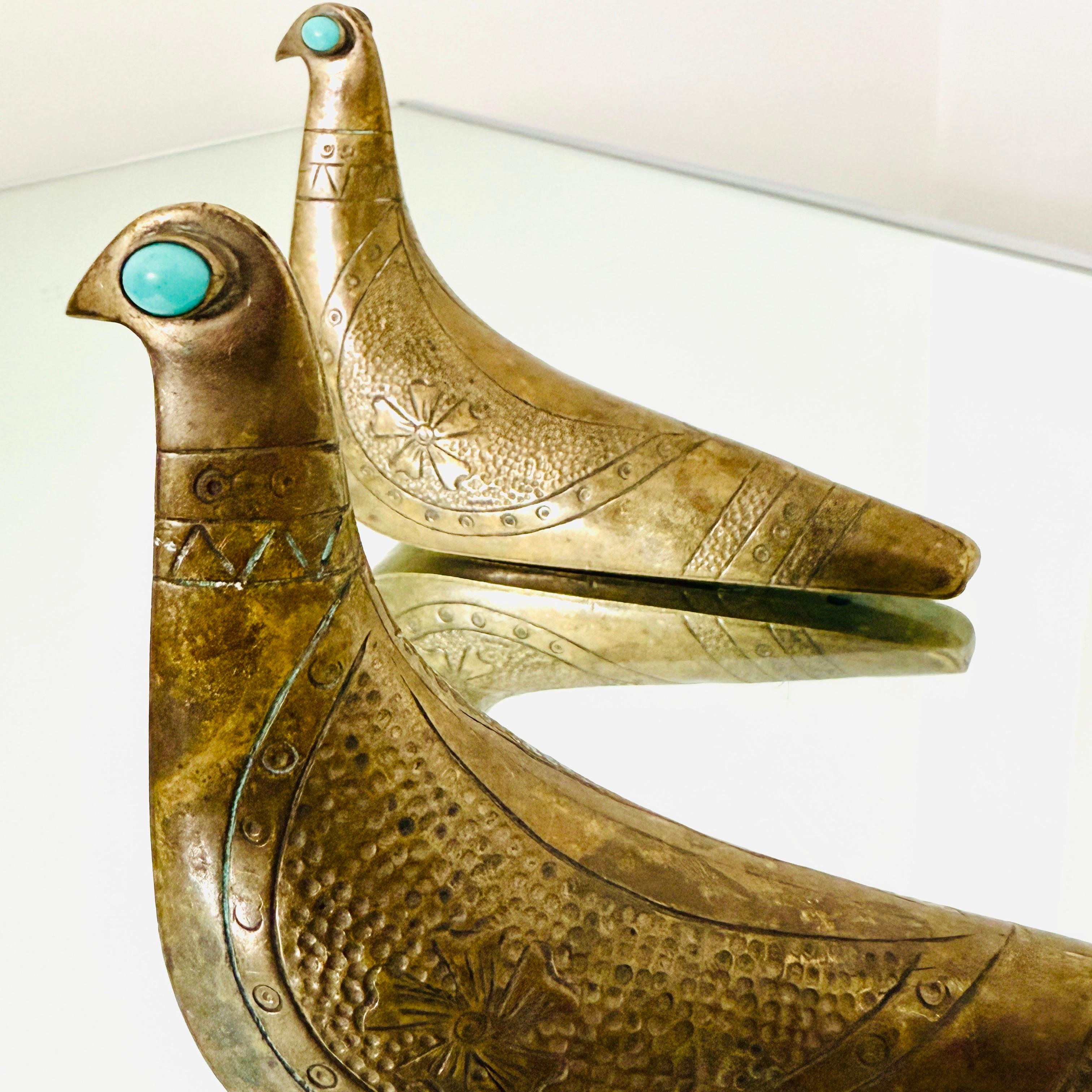 Pair of Brass & Turquoise Bird Sculptures by Joaquin Taller Tinta, c. 1960's In Good Condition In Fort Lauderdale, FL