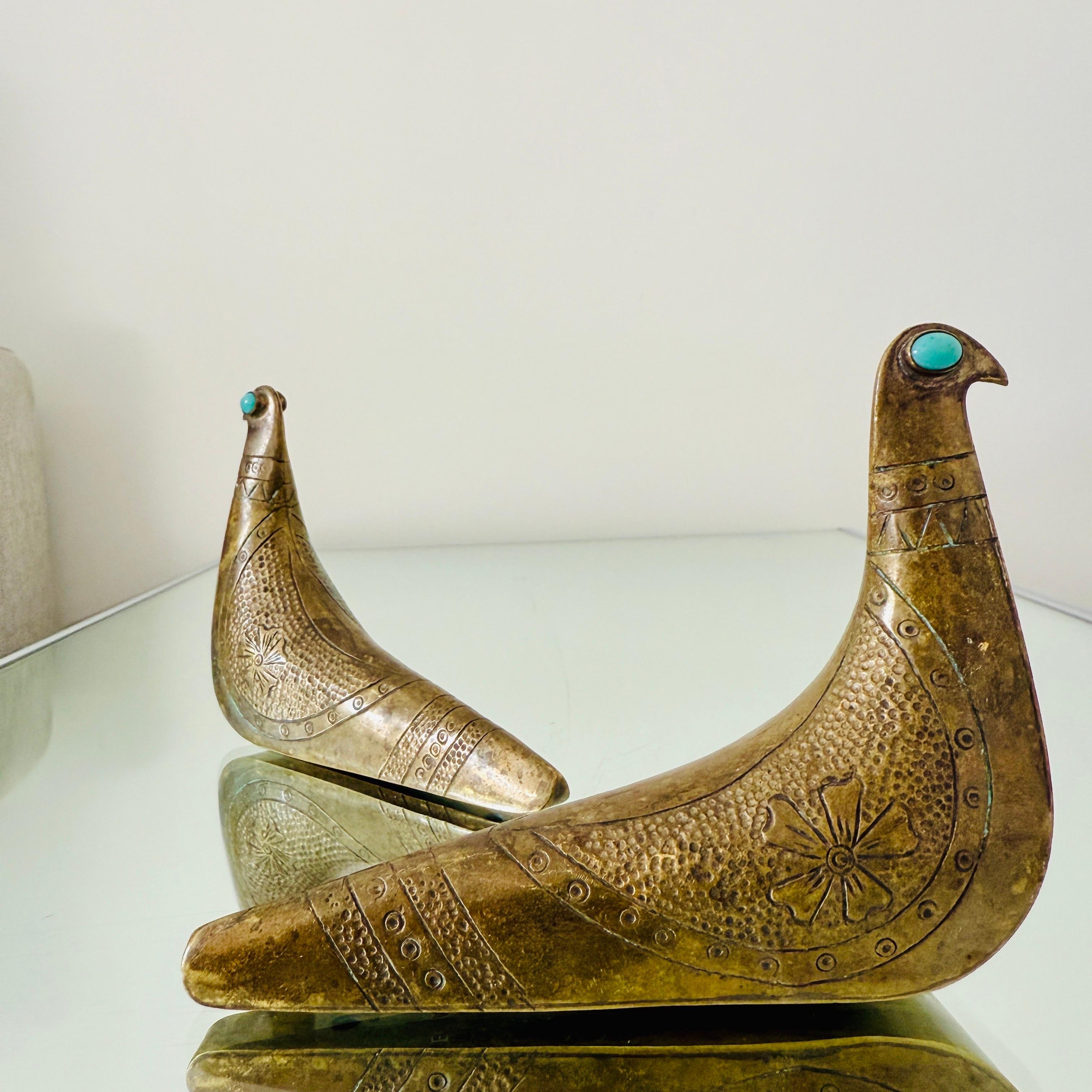 Mid-20th Century Pair of Brass & Turquoise Bird Sculptures by Joaquin Taller Tinta, c. 1960's
