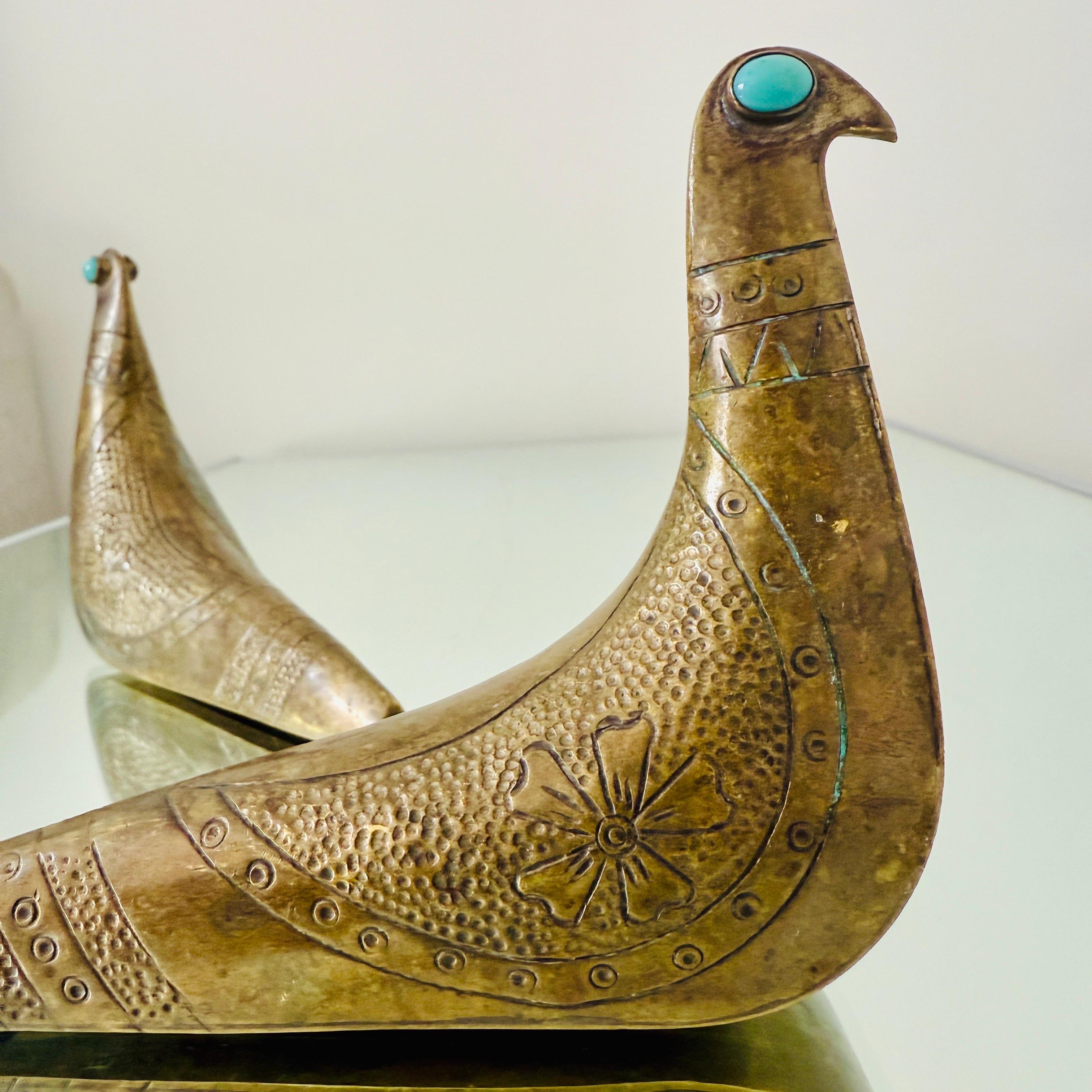 Pair of Brass & Turquoise Bird Sculptures by Joaquin Taller Tinta, c. 1960's 1