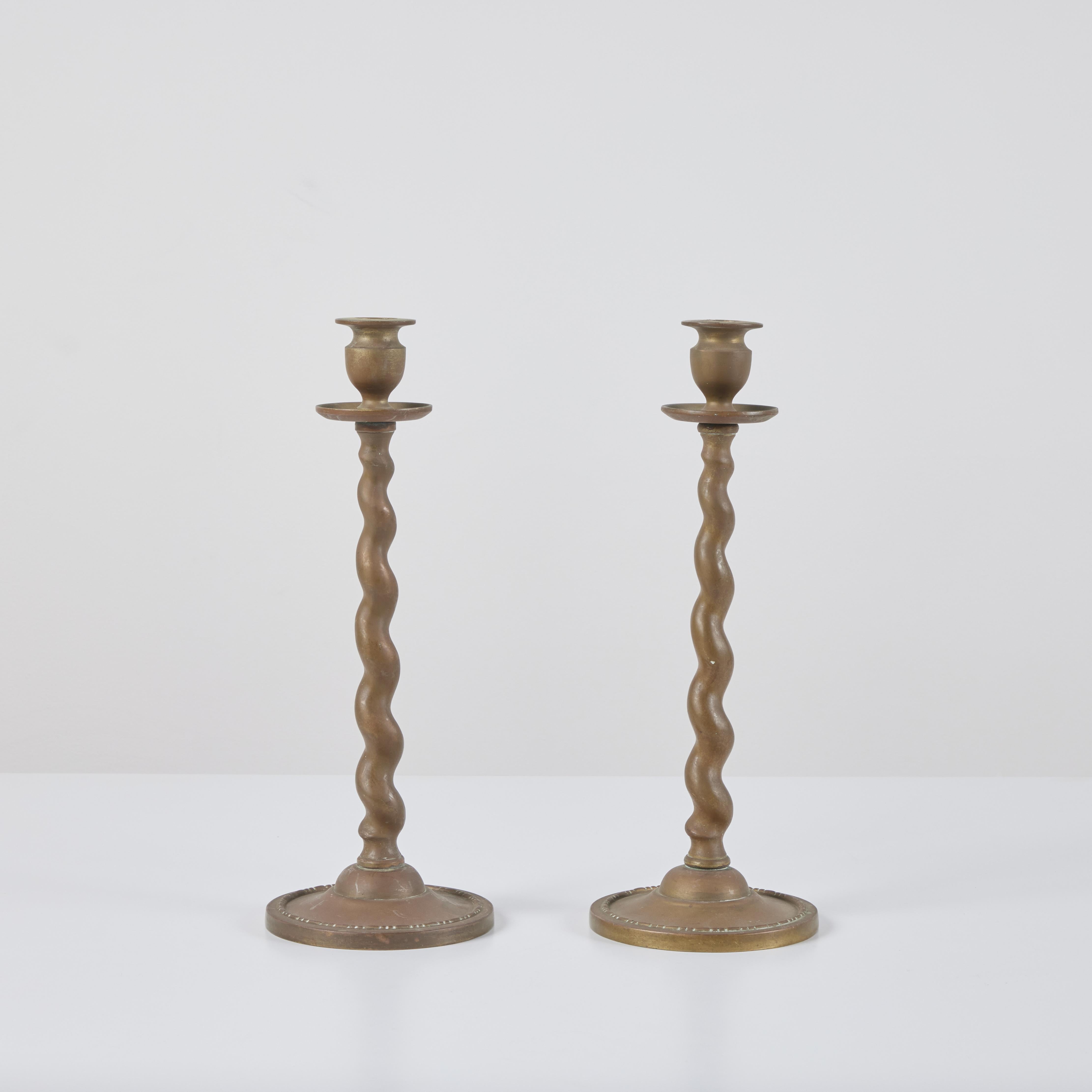Unknown Pair of Brass Twisted Candlesticks For Sale