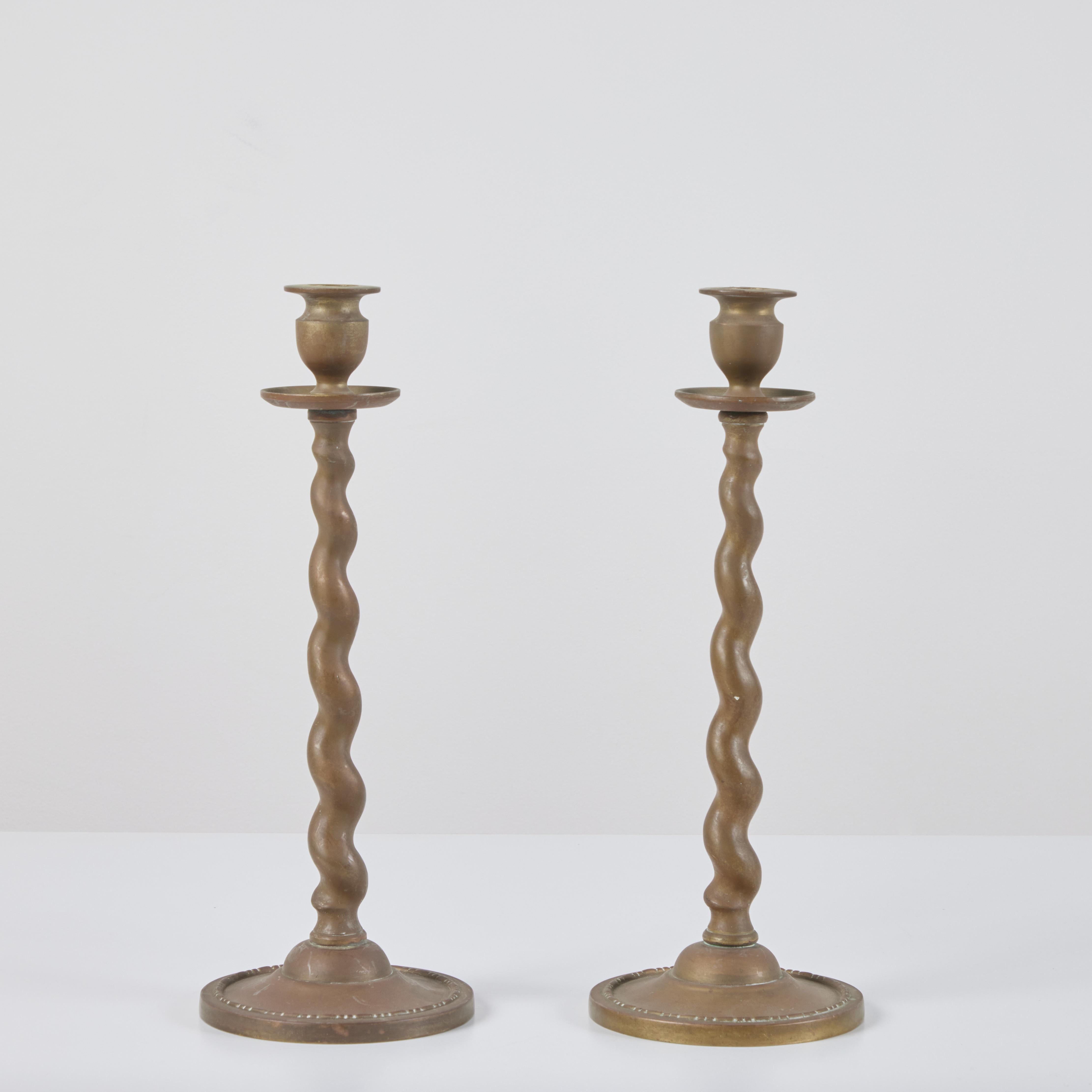 Pair of Brass Twisted Candlesticks In Excellent Condition For Sale In Los Angeles, CA