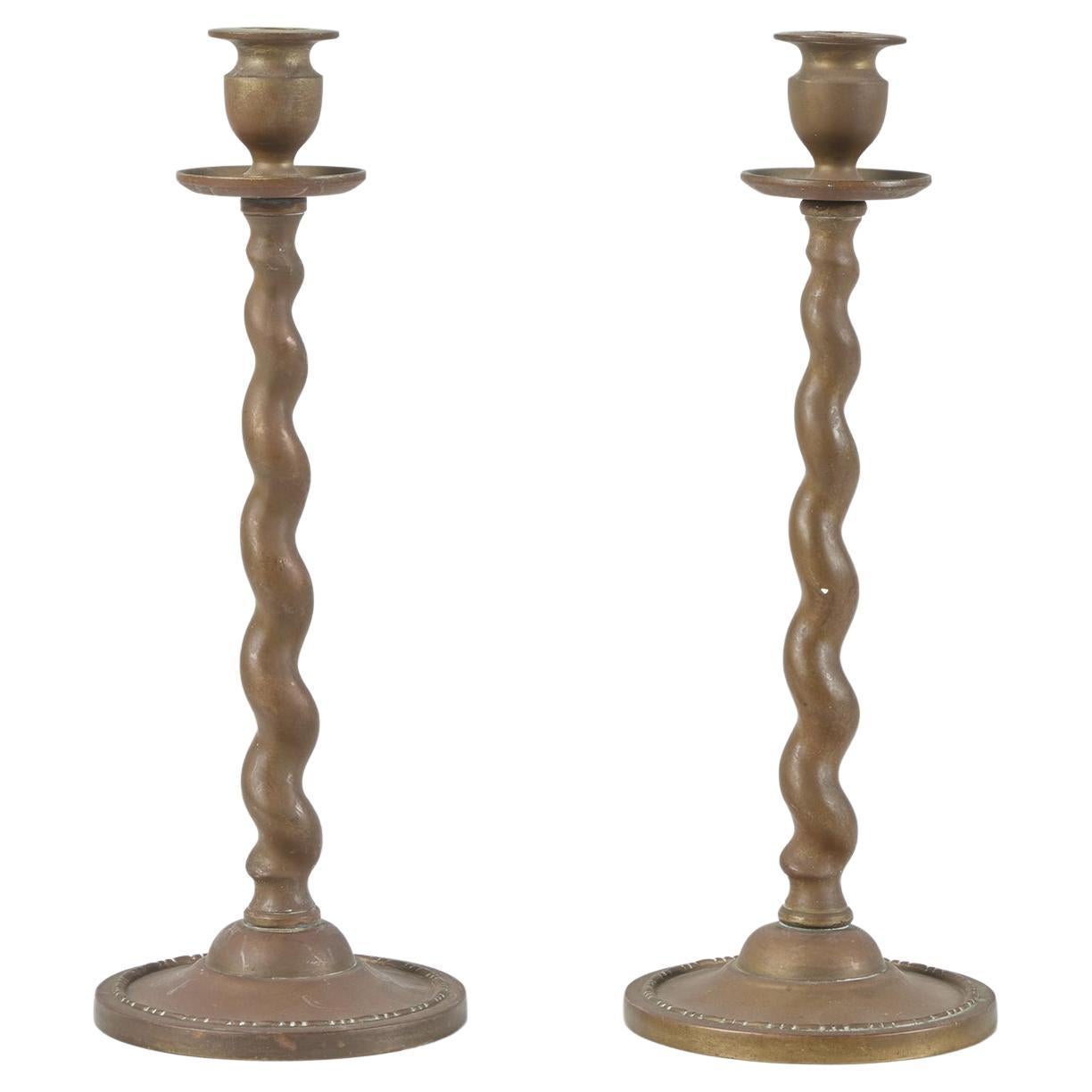 Pair of Brass Twisted Candlesticks For Sale
