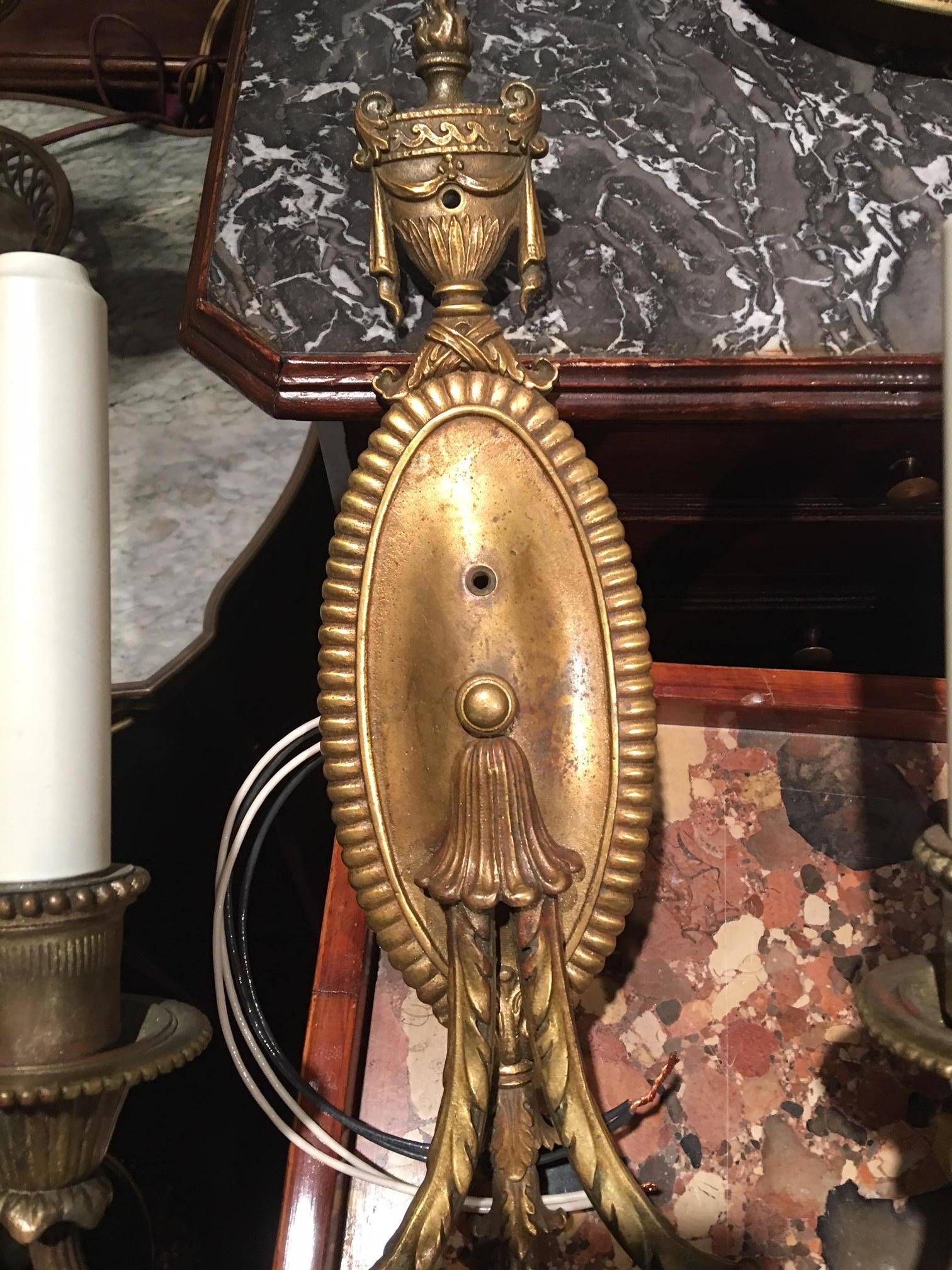 Pair of Brass Two-Light Oval Back with Urn Top Sconces, Late 19th Century In Good Condition In Savannah, GA